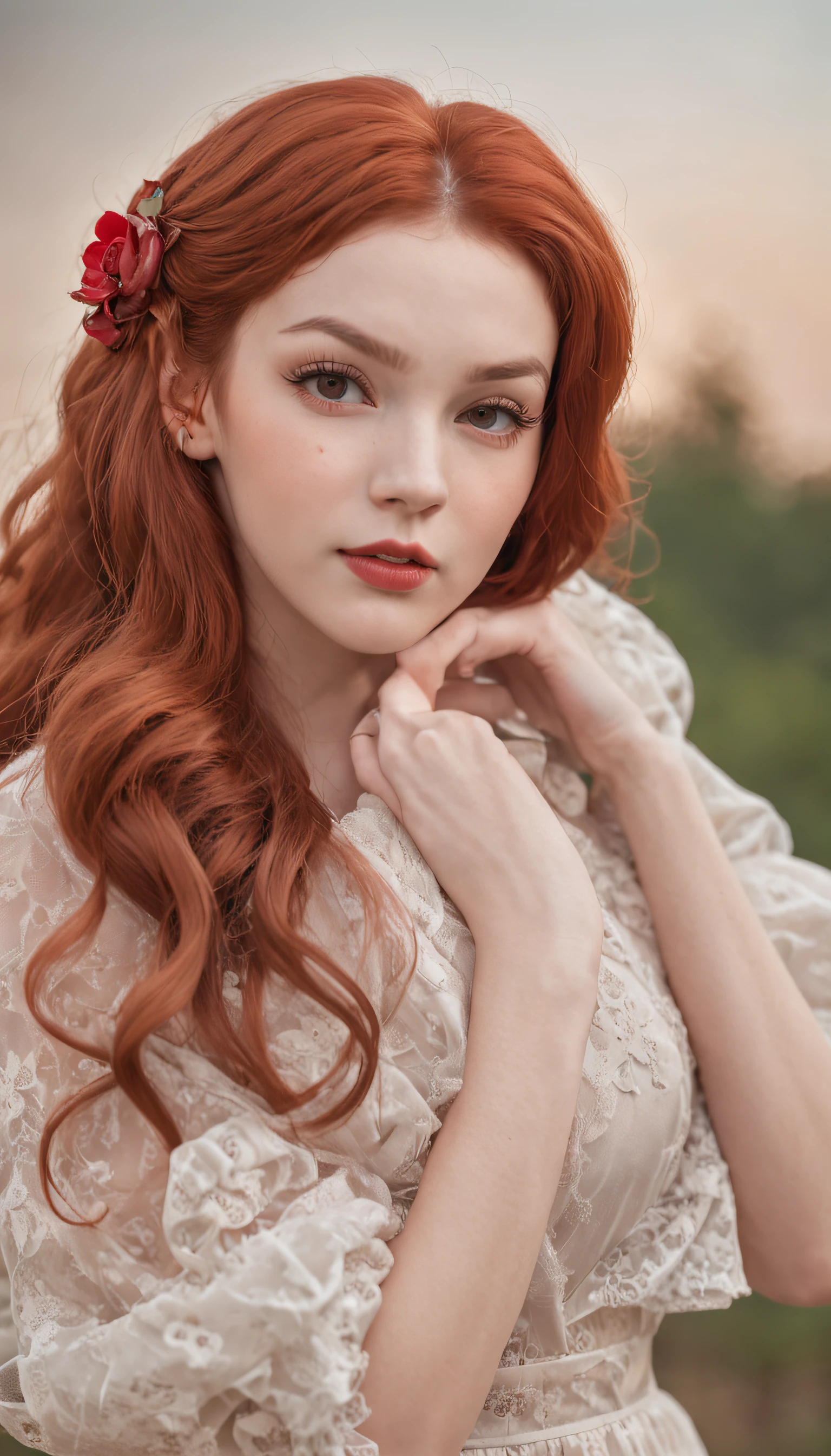 (tmasterpiece, high detal, absurderes, photo RAW), 1 pinup, full bodyesbian, Red long-haired, delicated face, Long eyelashes, pervert smirk, In a romantic retro setting, Summer dress, sockes, High jump