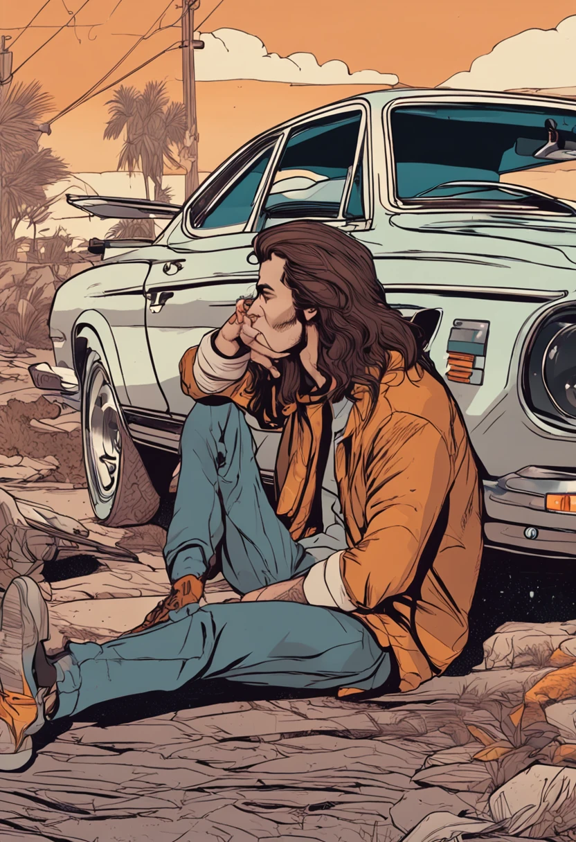 A long-haired boy leans back on a BMW and smokes his head