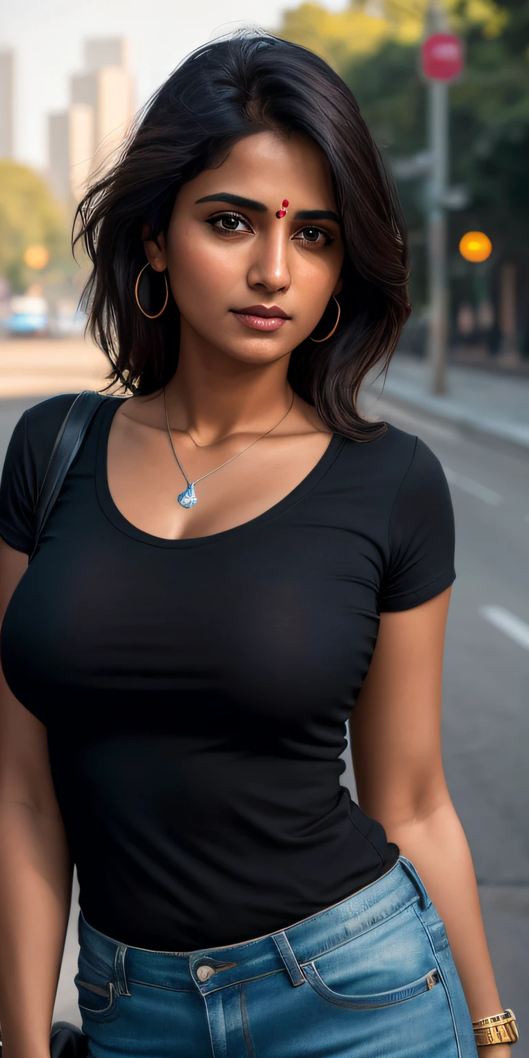 beautiful mature Indian college girl, in black basic round neck Teeshirt with skinny jeans, outside on road, traffic, buildings, firm breasts, photorealistic, photo, masterpiece, realistic, realism, photorealism, high contrast, photorealistic digital art trending on Artstation 8k HD high definition detailed realistic, detailed, skin texture, hyper detailed, realistic skin texture, armature, best quality, ultra high res, (photorealistic:1.4),, high resolution, detailed, raw photo, sharp re, by lee jeffries nikon d850 film stock photograph 4 kodak portra 400 camera f1.6 lens rich colors hyper realistic lifelike texture dramatic lighting unrealengine trending on artstation cinestill 800,