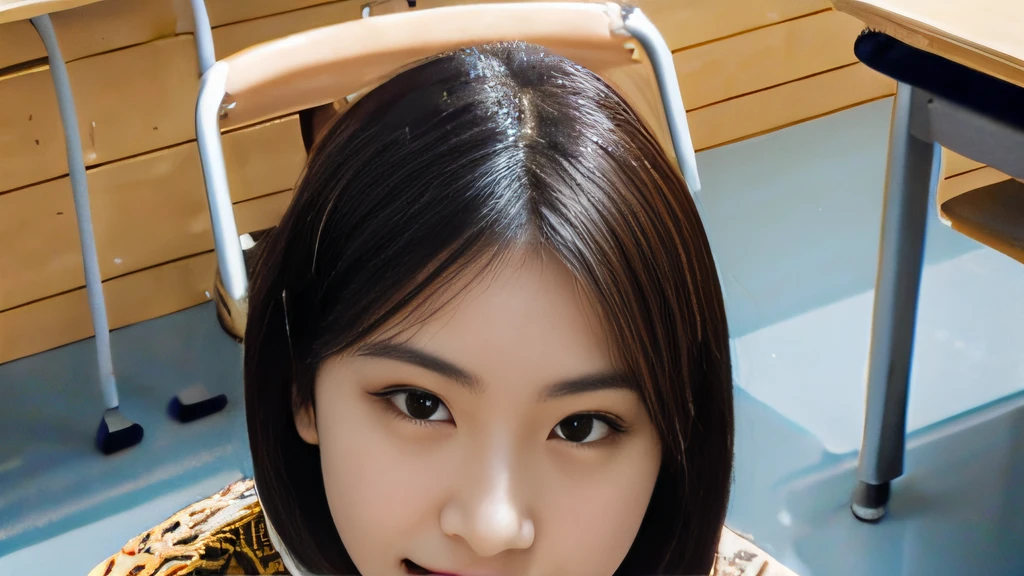Black short-wave hair、White Skin Skin、chineseidol、年轻、Thick eyebrows、Black eyes、biting lip、smile in face、Cobalt blue uniform、Leopard print tie、(1 female student)、In the school classroom、sit on chair、Slim eyebrows、Brown hairpins、hentail realism、8K、tmasterpiece、A high resolution、、anatomically correcte、、from above view、32K quality