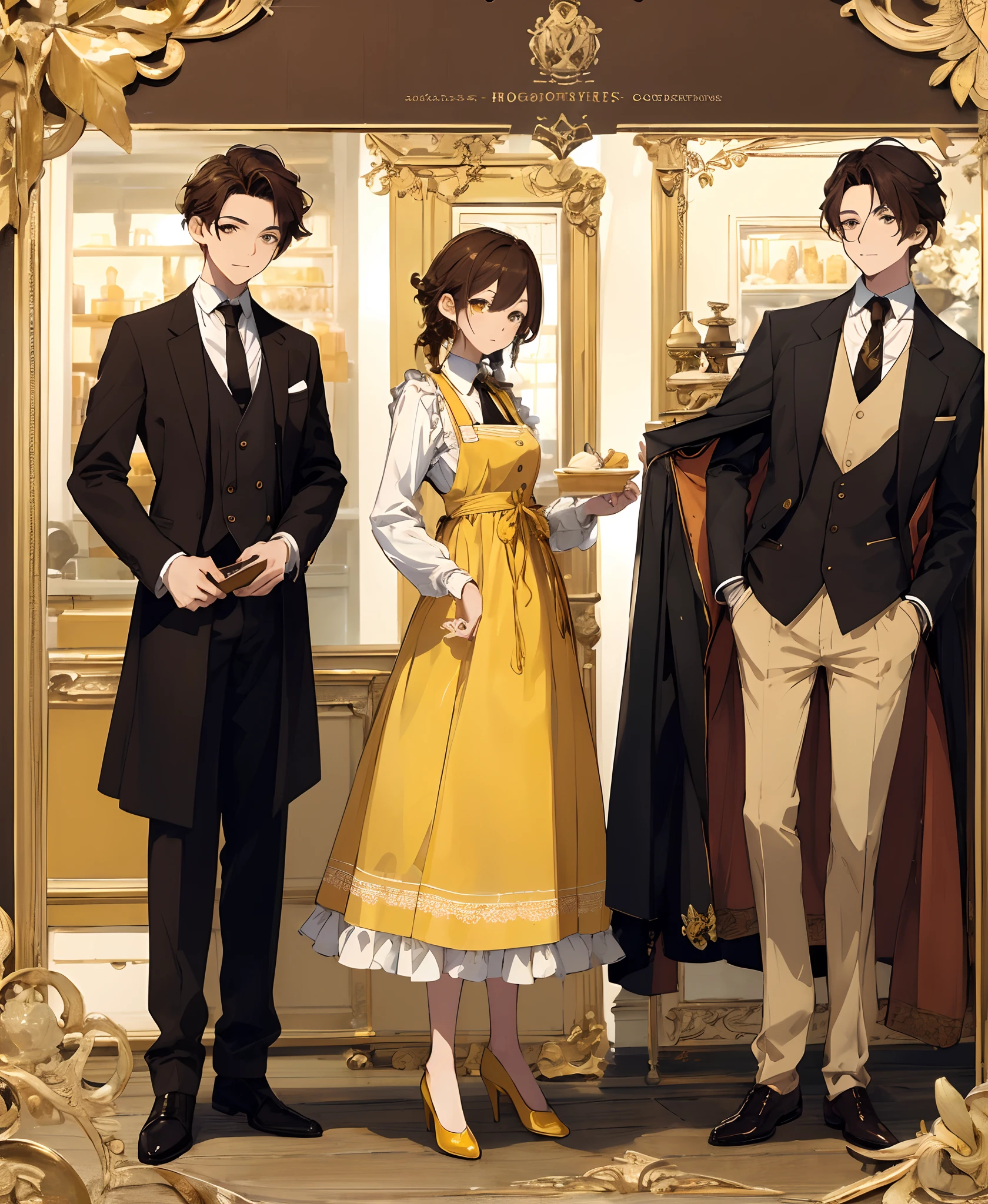 (​masterpiece、top-quality、hightquality)、1 juvenile、20-year-old male、(unimpressed))、Brown hair、Design with apron and tailcoat、Brown pants、Decorative、ostentatious、tailcoat、An elegant、neck tie、Yellow line、Clothes of a clerk in a confectionery shop、On the theme of brown and yellow、Bee and honey design、Sweets clerk、clothing design、concept-art、patissier、male people、character designs、clothing design、Sketched、without background、full-body view、Overall view、three sided view