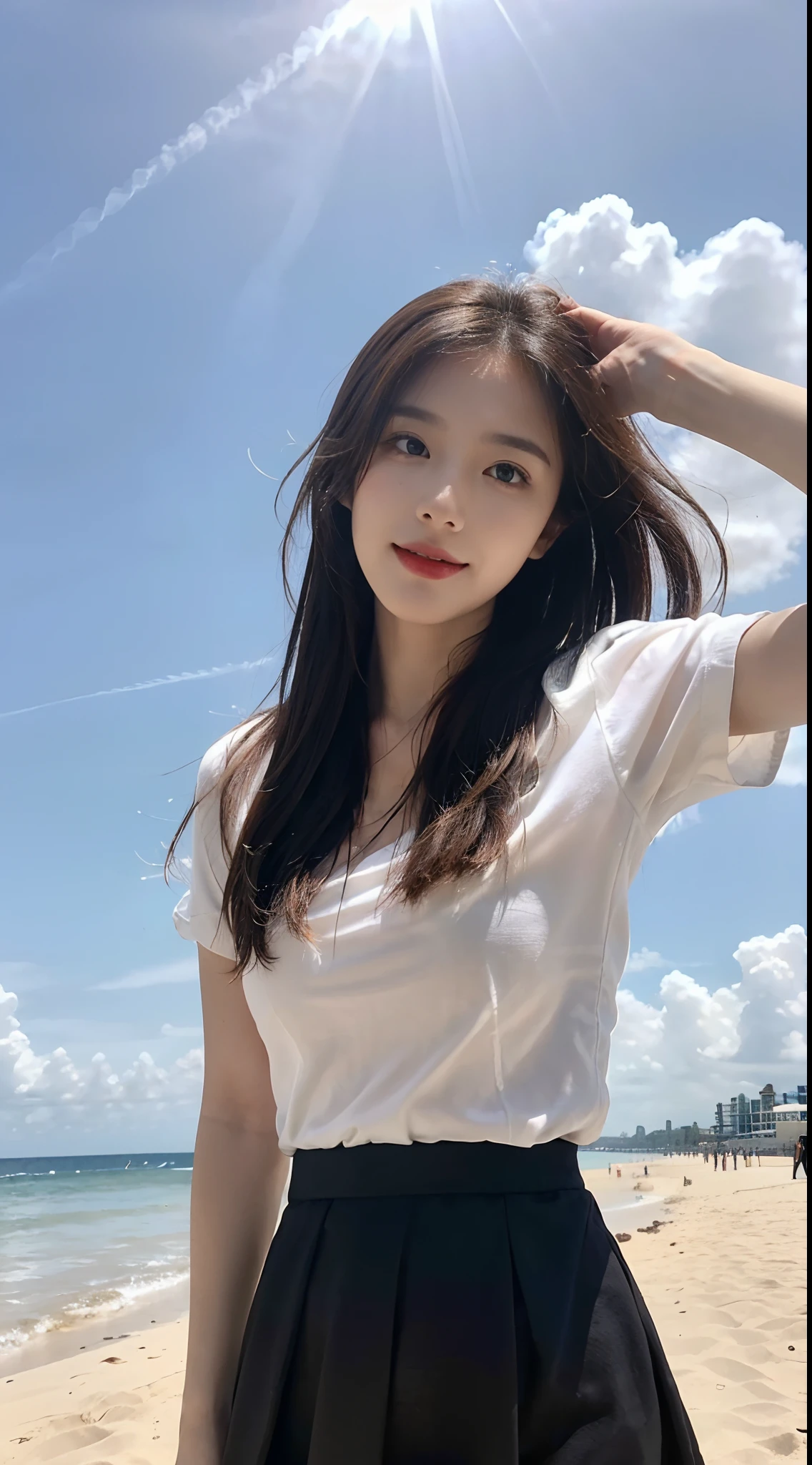 ((Best picture quality, 8K, tmasterpiece: 1.3)), self-shot, Sharp focus: 1.2, A cute beauty with a perfect figure: 1.4, Slim, ((Brown hair black)) , (whitet-shirt,pleatedskirt,Highly detailed face,Happy expression,standing on your feet:1.2),((with blue sky and white clouds,Beach by the sea:1.3. Produced with a major focus on women)),Highly detailed facial and skin texture,Detailed eyes,二重まぶた