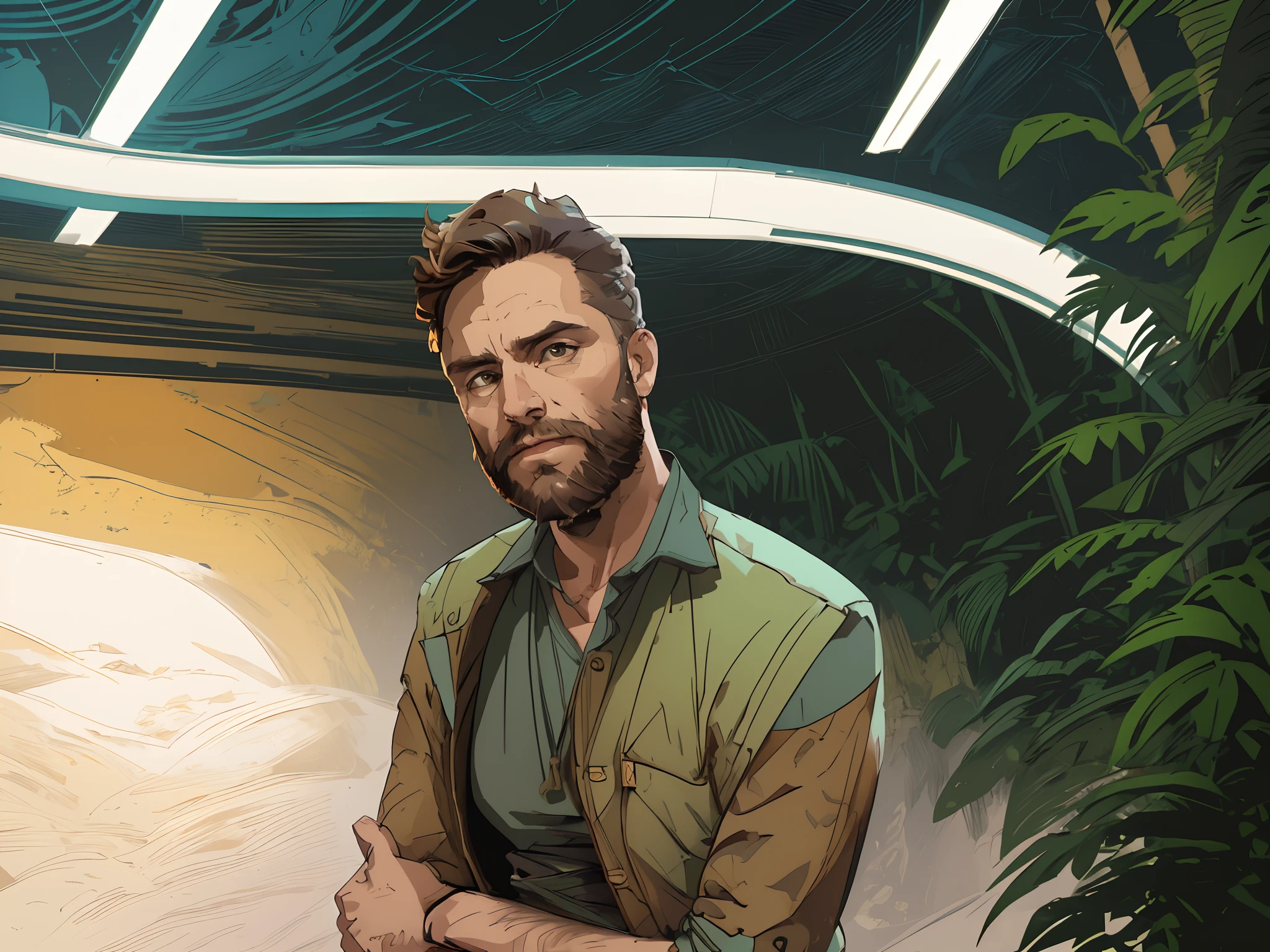 Masterpiece, award winning portrait of a bearded hipster explorer in a Jungle by Syd Mead, cold color palette, muted colors, detailed, 8k