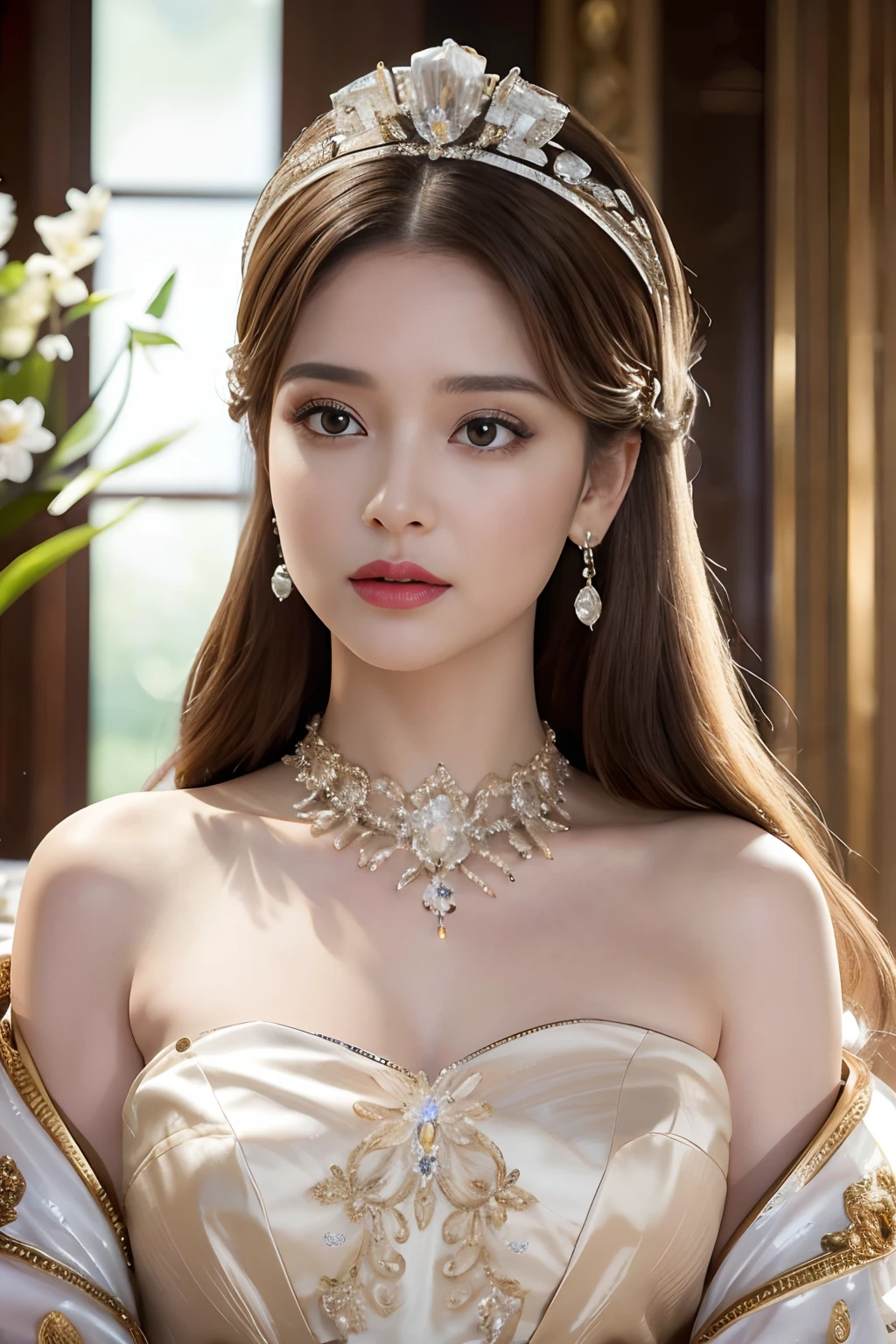 Masterpiece,Highest high resolution,Dynamic bust of beautiful royal lady,Long white hairstyle,Amber clear eyes,The hair is covered with beautiful and delicate floral craftsmanship, Crystal jewelry filigree,Ultra-detailed details,upscaled。