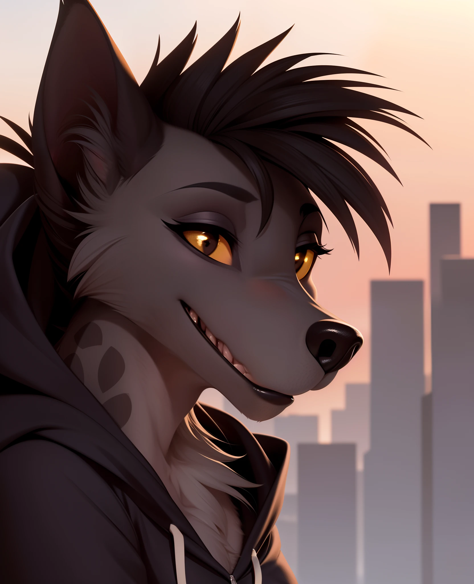 shenzi, furry female anthro, hyena girl, portrait, close-up, (hoodie:1.2),  fur trim, solo, (body fur:1.2), (best quality), (detailed urban background:1.2), dramatic lighting, (detailed fluffy fur:1.1), looking at viewer,