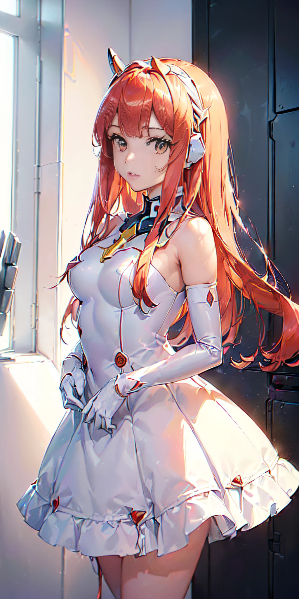 (俯瞰figure),Dynamic Angle,Super detailed, figure, close, Straight, One girl, ((Soryu Asuka Langley, Interface Headset, Red bodysuit:1.4, blonde)),Her eyes shone like dream-like stars,(Glowing Eyes:1.233),(Beautiful and detailed:1.1),(Expressionless,Mouth closed),(Are standing), (In a white spaceship、Mechanic room with tools and spaceship window), (night:1.2),dream-like, [[Delicate fingers and hands:0.55]::0.85],(Finger details),