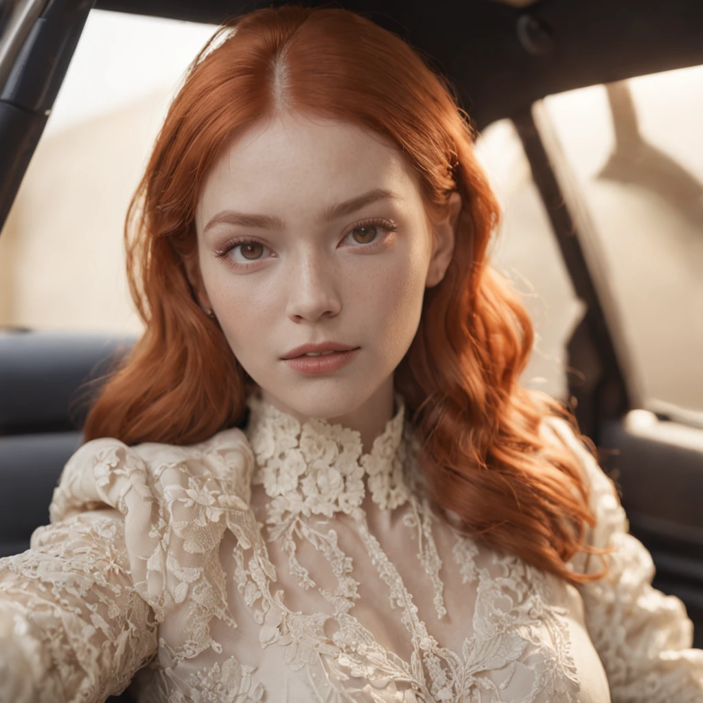 natural redhead woman, Mystical, Analog Horror, Inkjet Printed, Polaroid, Octane rendering, Soft focus, badge, orange colors, Hallyu, golden hour lighting, Hyperrealistic intricate detail, finely detailed, car interior design, Octane render, 8k