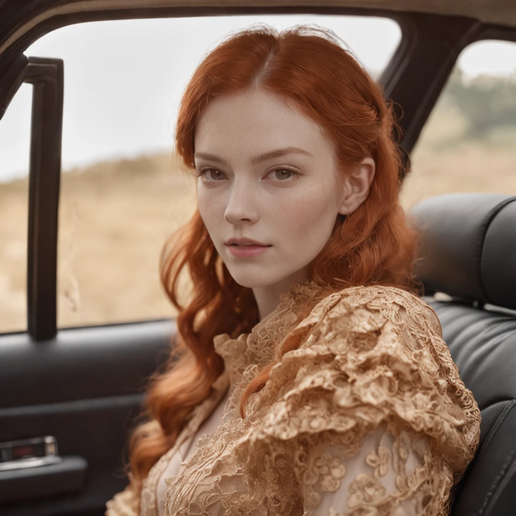natural redhead woman, Mystical, Analog Horror, Inkjet Printed, Polaroid, Octane rendering, Soft focus, badge, orange colors, Hallyu, golden hour lighting, Hyperrealistic intricate detail, finely detailed, car interior design, Octane render, 8k