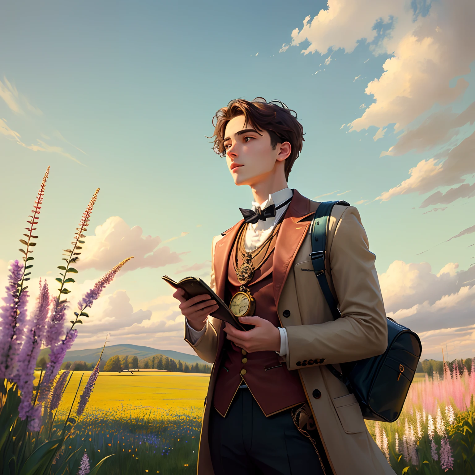 Two-dimensional style Young man holding a pocket watch turned up looking up at the sky in the distance Spring meadow background