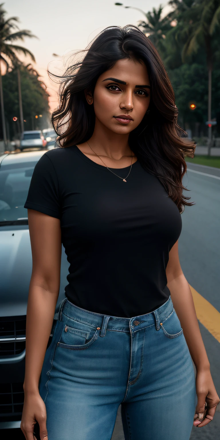 beautiful mature Indian college girl, in black basic round neck Teeshirt with skinny jeans, outside on road, traffic, buildings, firm breasts, photorealistic, photo, masterpiece, realistic, realism, photorealism, high contrast, photorealistic digital art trending on Artstation 8k HD high definition detailed realistic, detailed, skin texture, hyper detailed, realistic skin texture, armature, best quality, ultra high res, (photorealistic:1.4),, high resolution, detailed, raw photo, sharp re, by lee jeffries nikon d850 film stock photograph 4 kodak portra 400 camera f1.6 lens rich colors hyper realistic lifelike texture dramatic lighting unrealengine trending on artstation cinestill 800,