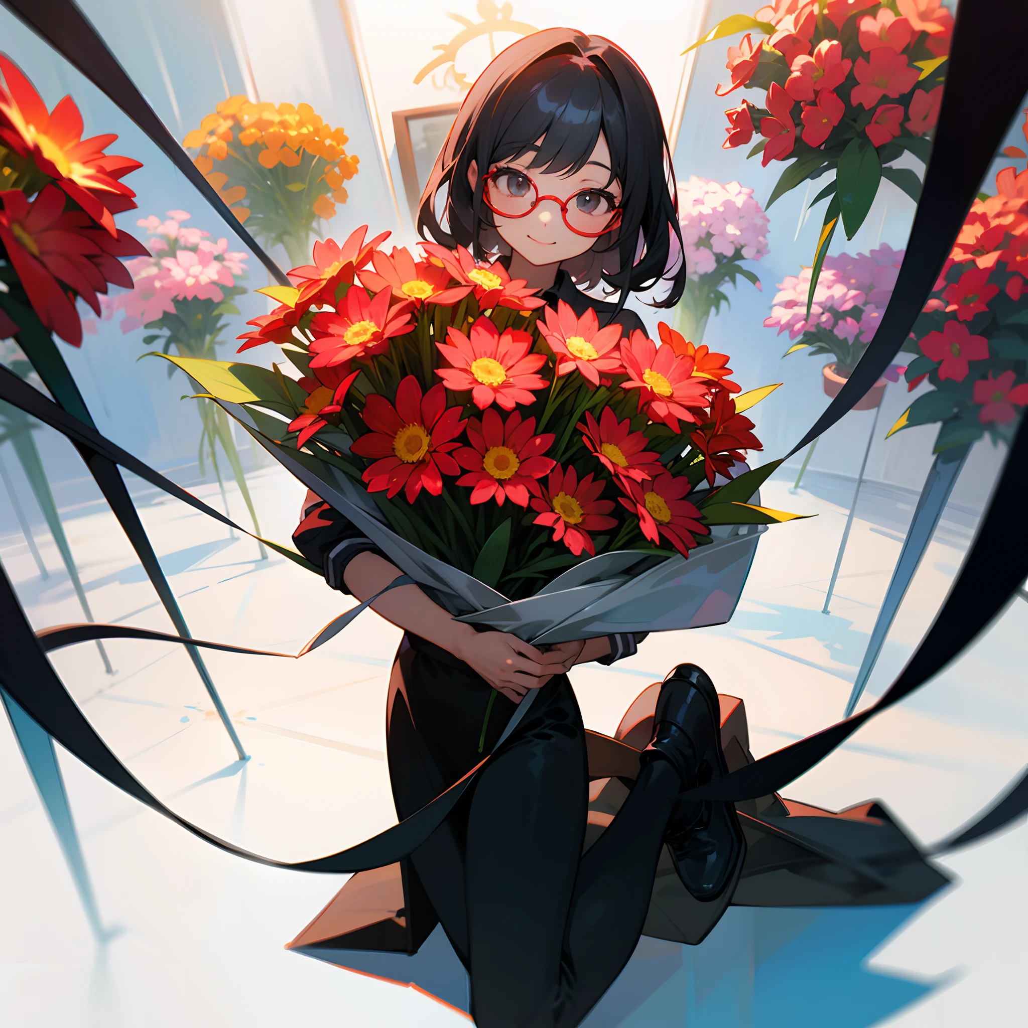 Best Quality、超A high resolution、fullllbody、Girl working in a flower shop、Making a bouquet、 Red glasses、A smile