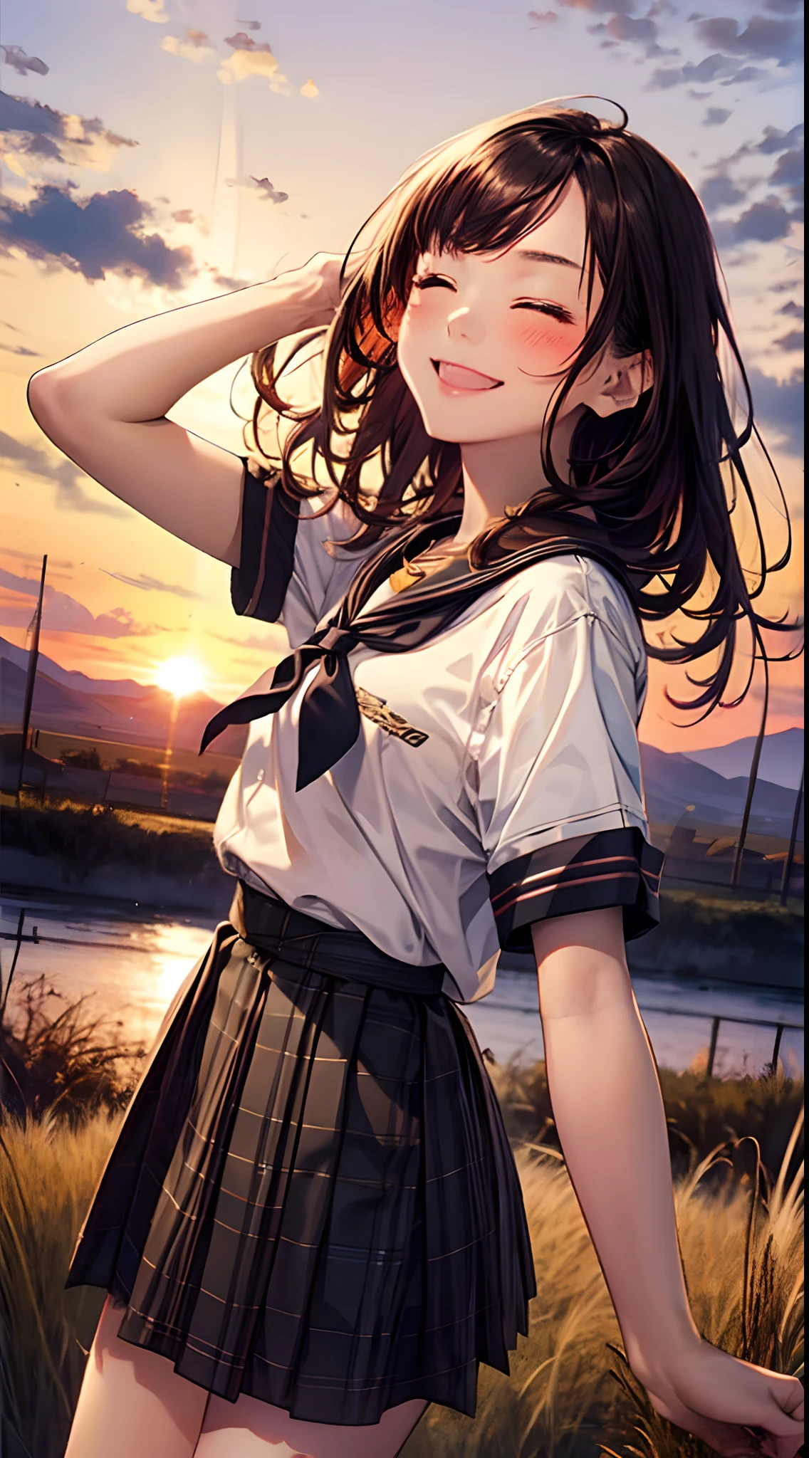 Top Quality, Best Masterpiece, 1 Woman, Solo, 20 Years Old, Low Angle, (One Eye Closed: 1.4), Happy Smile, Close Your Mouth, Brown Single Braid, White School Uniform, Black Socks, Plaid Skirt, Blushing, Red Eye, Evening, Lots of Countryside, Big Sunset, Orange View, Small Necklace,