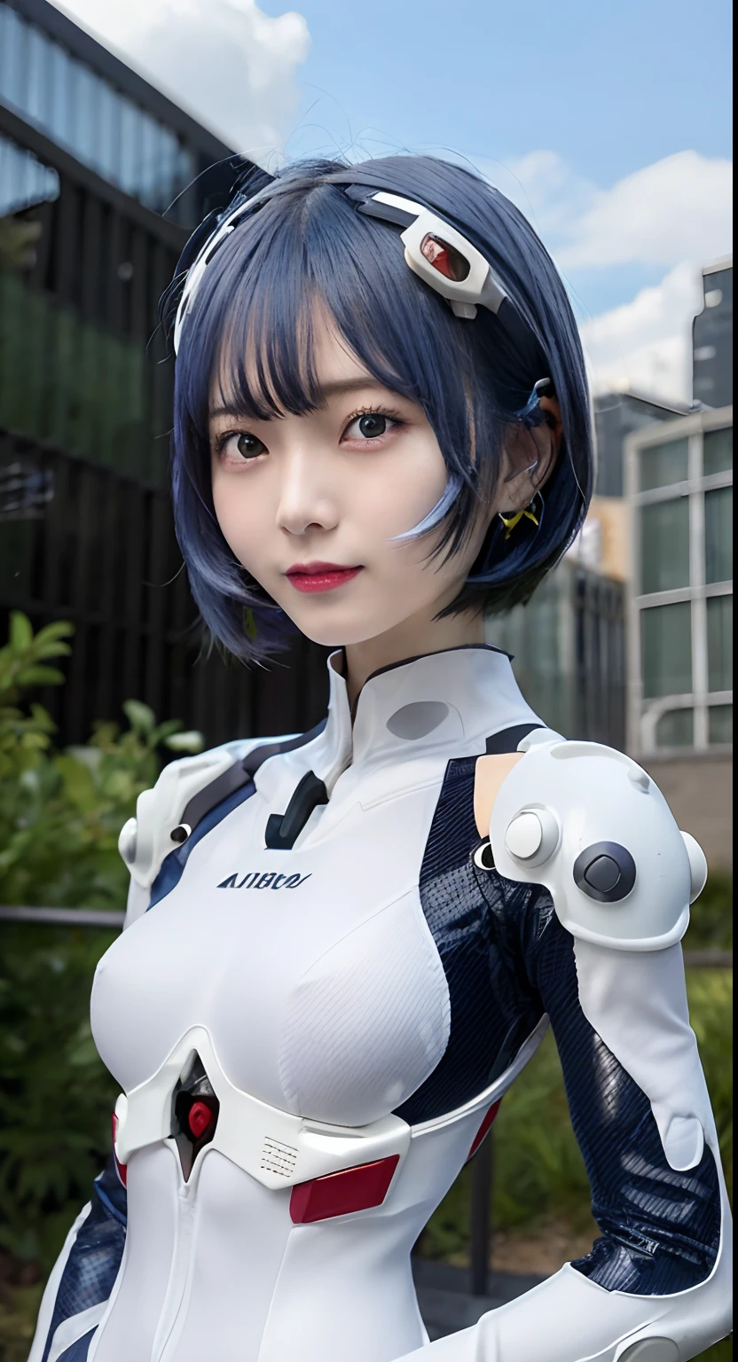 ​masterpiece, top-quality, 1girl in, Ayanamirei, eva00plugsuit, Viewer's Perspective, Light smile, Urban Park,The upper part of the body, Cyber City,Blue hair