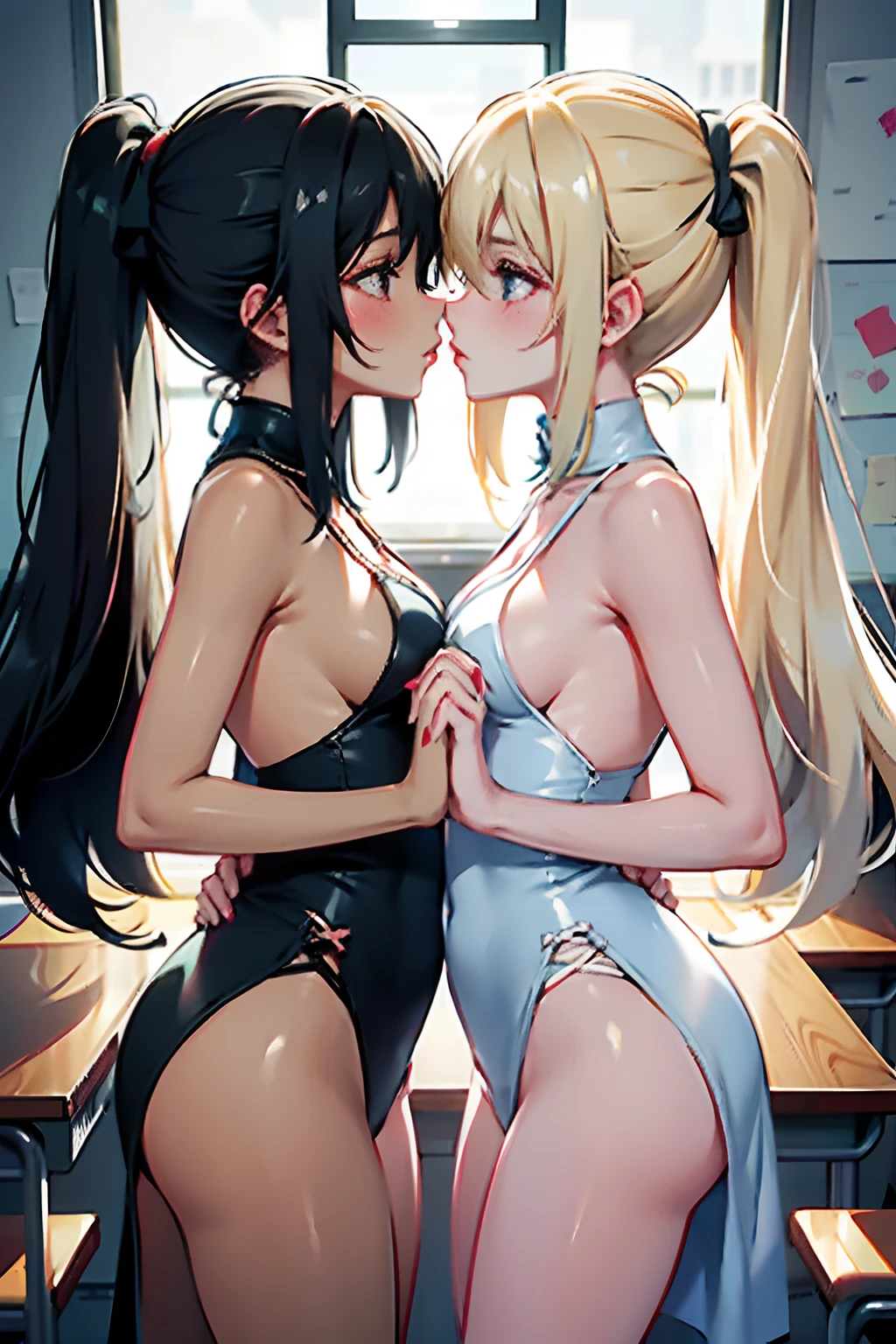 Two girls，Same stature，One black hair and one blonde，Hold each other，The two bodies are close together，Kiss，in class room