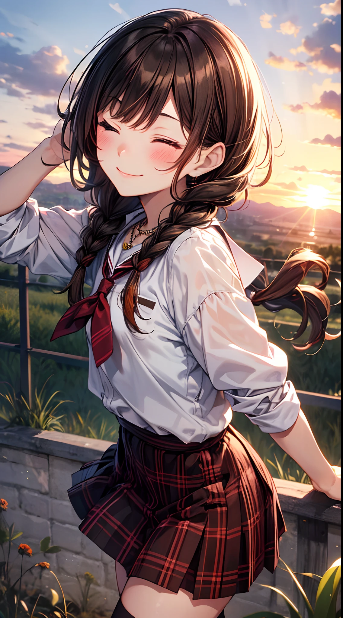 Top Quality, Best Masterpiece, 1 Woman, Solo, 20 Years Old, Low Angle, (One Eye Closed: 1.4), Happy Smile, Close Your Mouth, Brown Single Braid, White School Uniform, Black Socks, Plaid Skirt, Blushing, Red Eye, Evening, Lots of Countryside, Big Sunset, Orange View, Small Necklace,