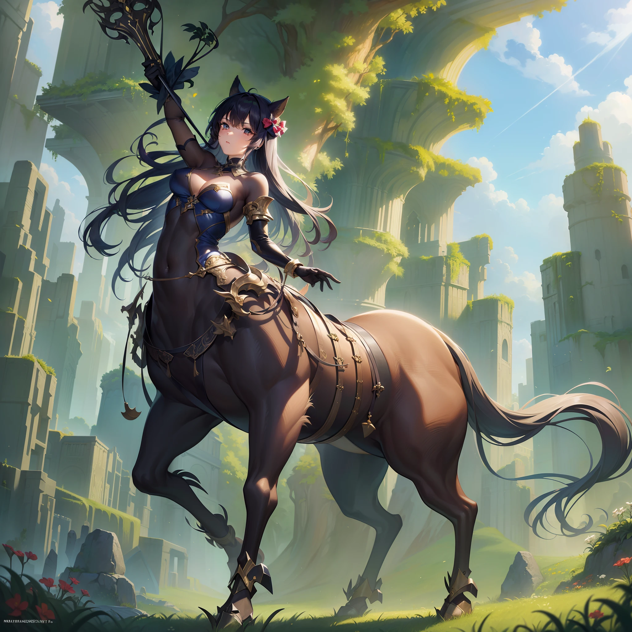 ((Masterpiece)),(超A high resolution),(ultra-detailliert),Anime at its best,Fantasyart,(Female centaur:1.1,((Bow on the back), the vast grassland:1.6, Sunlight,