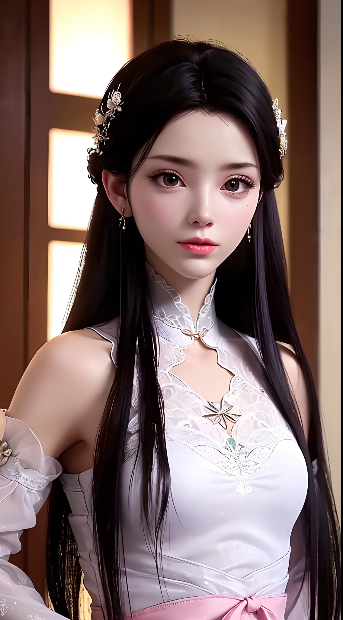 1 beautiful mature girl, looking at viewer, upper body, realistic,real girl, gentle girl, Girly, Full body shape, smooth pink and white skin, Front bangs, large breasts and round, excessively frilled princess dress, draped clothes, flawless face, jewelry, high nose, ornament, flower, lace trim, beautiful big and round orange eyes, sharp eyebrows, very sharp and detailed peacock eyelashes and makeup, red lips, Smile without opening your lips, long silky black hair and jewelry clips, masterpiece, best quality, 8k, detailed skin texture, detailed cloth texture, beautiful detailed face, intricate details, ultra detailed, rim lighting, side lighting, cinematic light, ultra high res, 8k uhd, film grain,best shadow, delicate, RAW photo, detailed and clear images, extremely sharp images,
