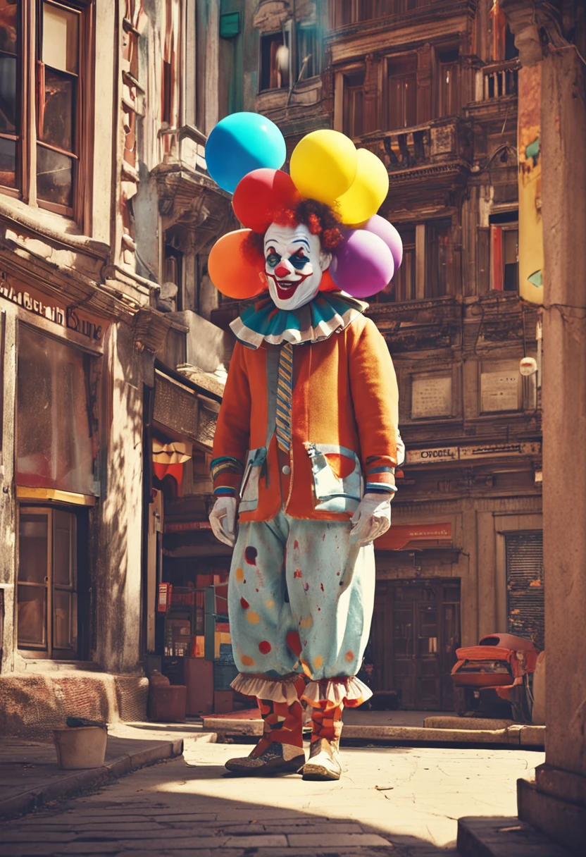 Man dressed as clown with bladder head