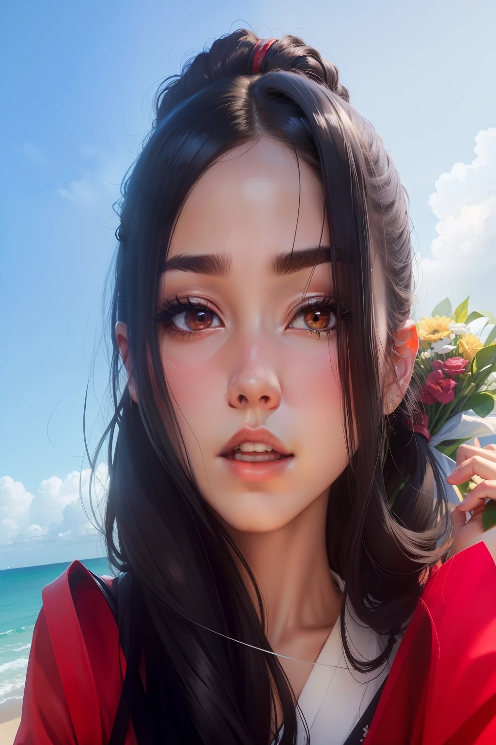 Masterpiece, super high quality, super detail, perfect drawing, solo, beautiful girl, black ponytail, hair tied with a big red ribbon, equipped with two Japan swords, holding a big bouquet, bouquet with love, bouquet to you,
