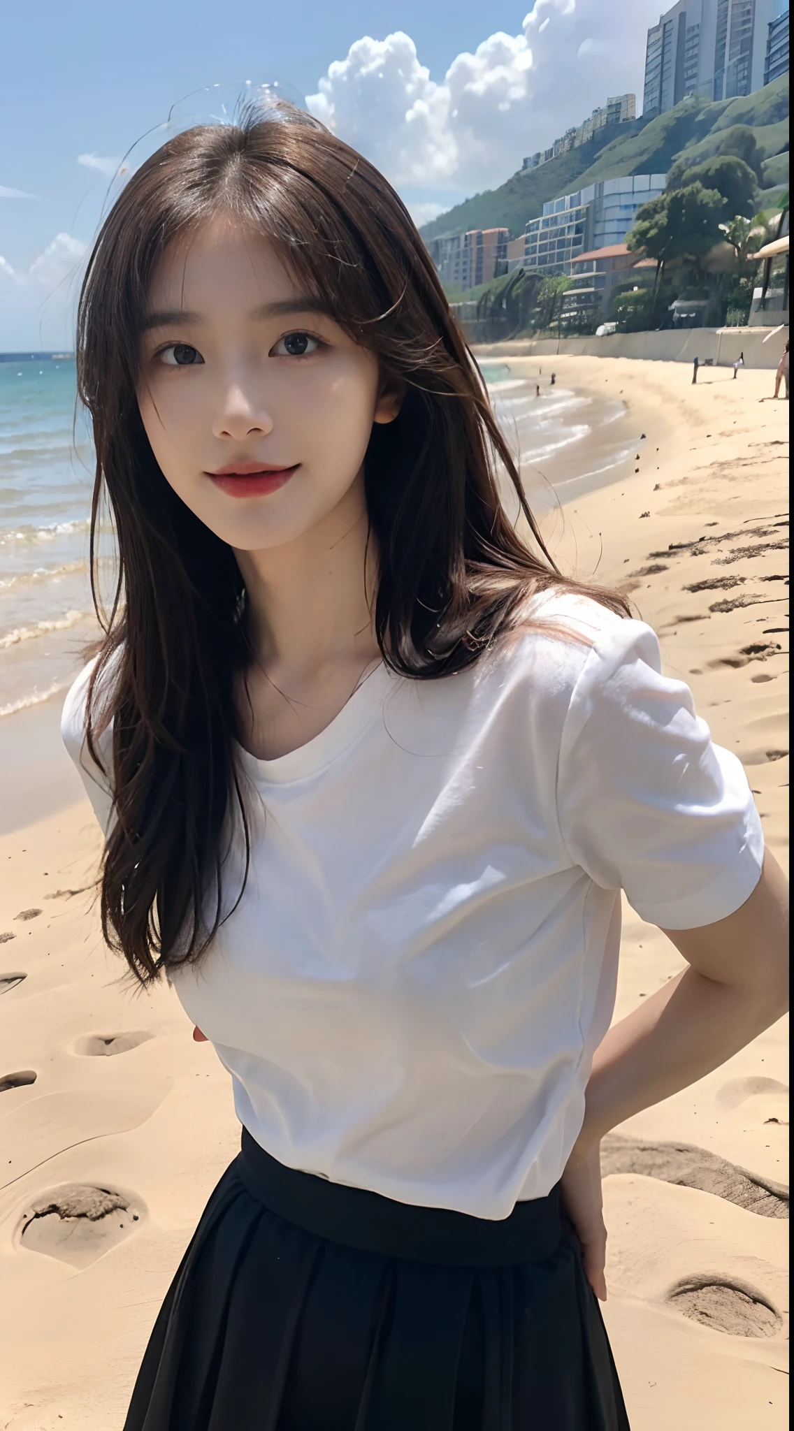 ((Best picture quality, 8K, tmasterpiece: 1.3)), self-shot, Sharp focus: 1.2, A cute beauty with a perfect figure: 1.4, Slim, ((Brown hair black)) , (whitet-shirt,pleatedskirt,Highly detailed face,Happy expression,standing on your feet:1.2),((with blue sky and white clouds,Beach by the sea:1.3. Produced with a major focus on women)),Highly detailed facial and skin texture,Detailed eyes,二重まぶた