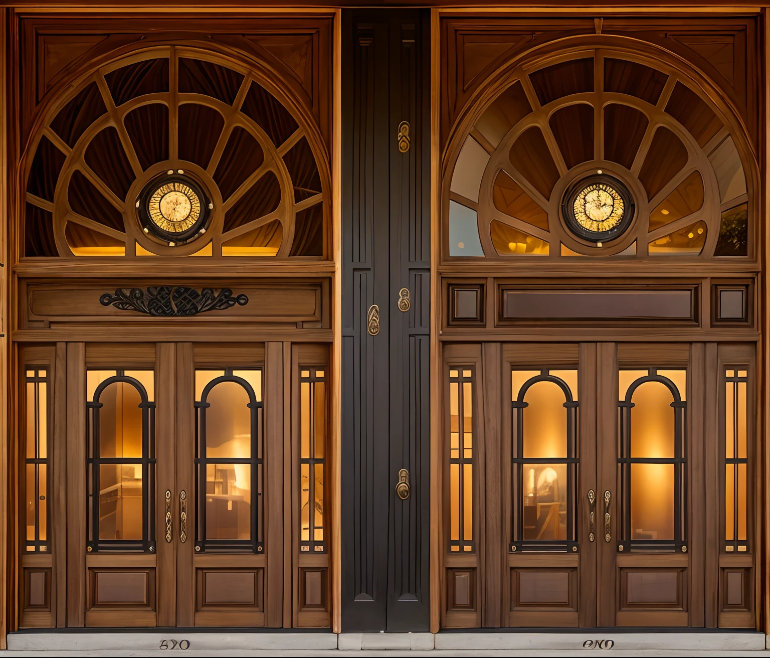 Close-up of two doors with windows and one door with clock, round doors, neo - classical style, massive decorated doors, tall entry, nesting glass doors, Metal frame portal, wide angle exterior 2022, Wrought-iron construction, 3 doors, Neoclassical style, Iron arc door door texture, symmetrical front view, Front view complete pastel brown, Black fine lines on warm brown, brown:-2, Dark brown, brown pubic fur, Burnt amber, Dark tone, Fine-grained texture, brown pubic fur, Bronze material, Brown tassels, brown pubic fur, Brown tones, walnut wood, brownish colors, Rich wood grain