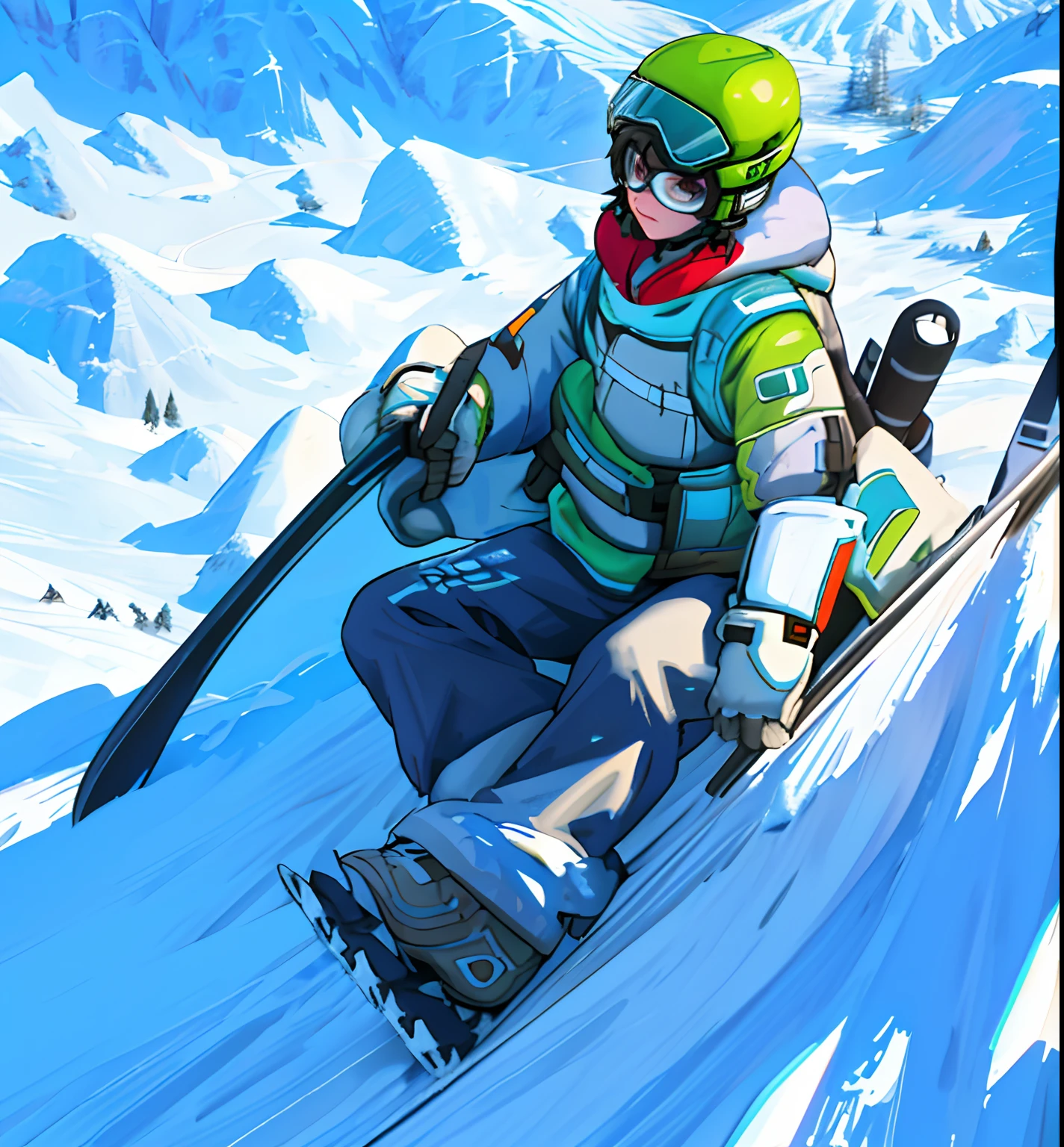 Skiers sit on skis on a slope，Bright light, Pepe the Frog Snowboarding, Holding skis, Snowboard penguins, look straight at the camera, only snow in the background, gopro footage, 4 0 9 6, 2025, low quality footage, part dean cornwell style, helmet view, Amazing skiing, angle of view, looking down on the camera