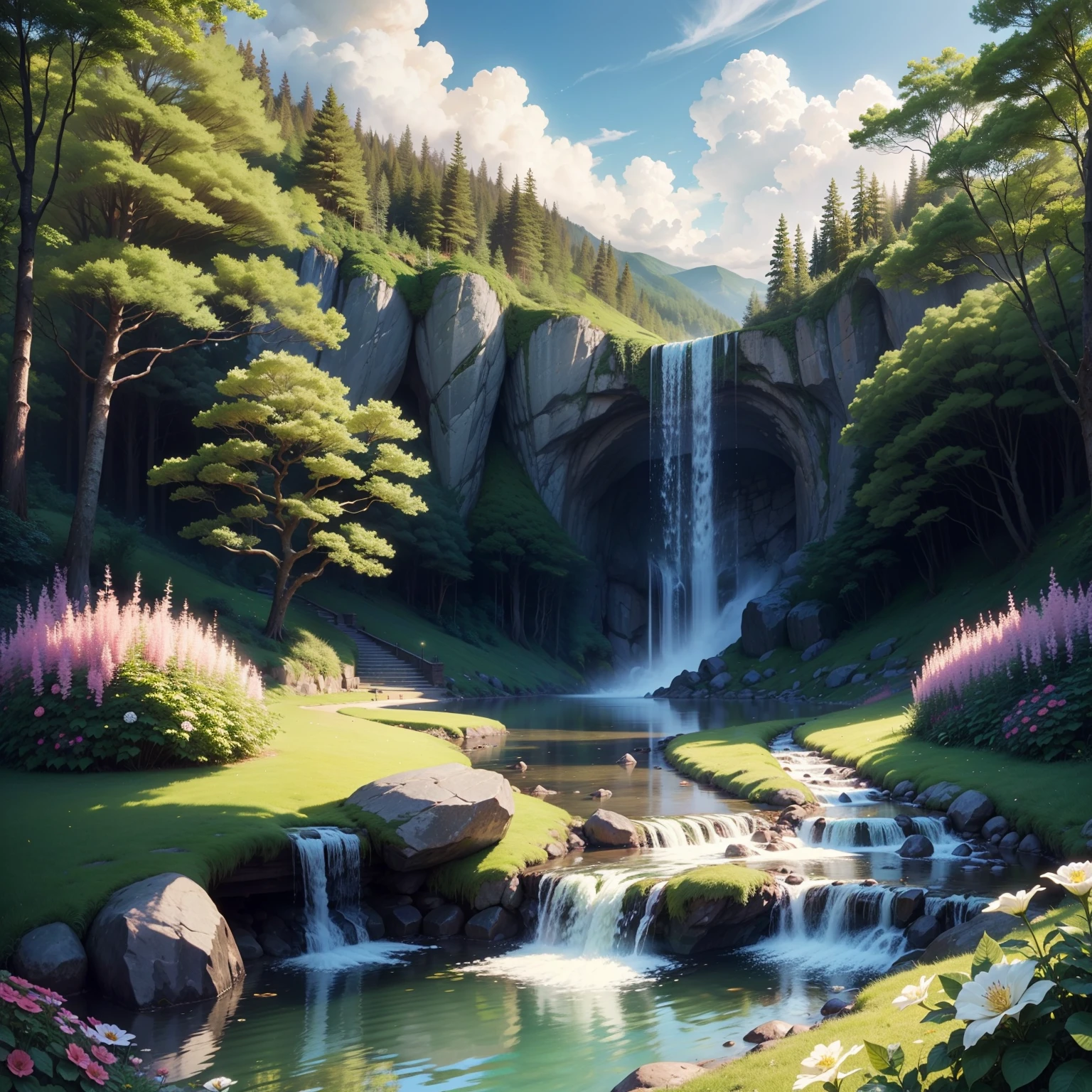 A lush forest with winding paths and sparkling waterfalls, beautiful scenery, ambience, flowers, clouds and sky, printable --auto