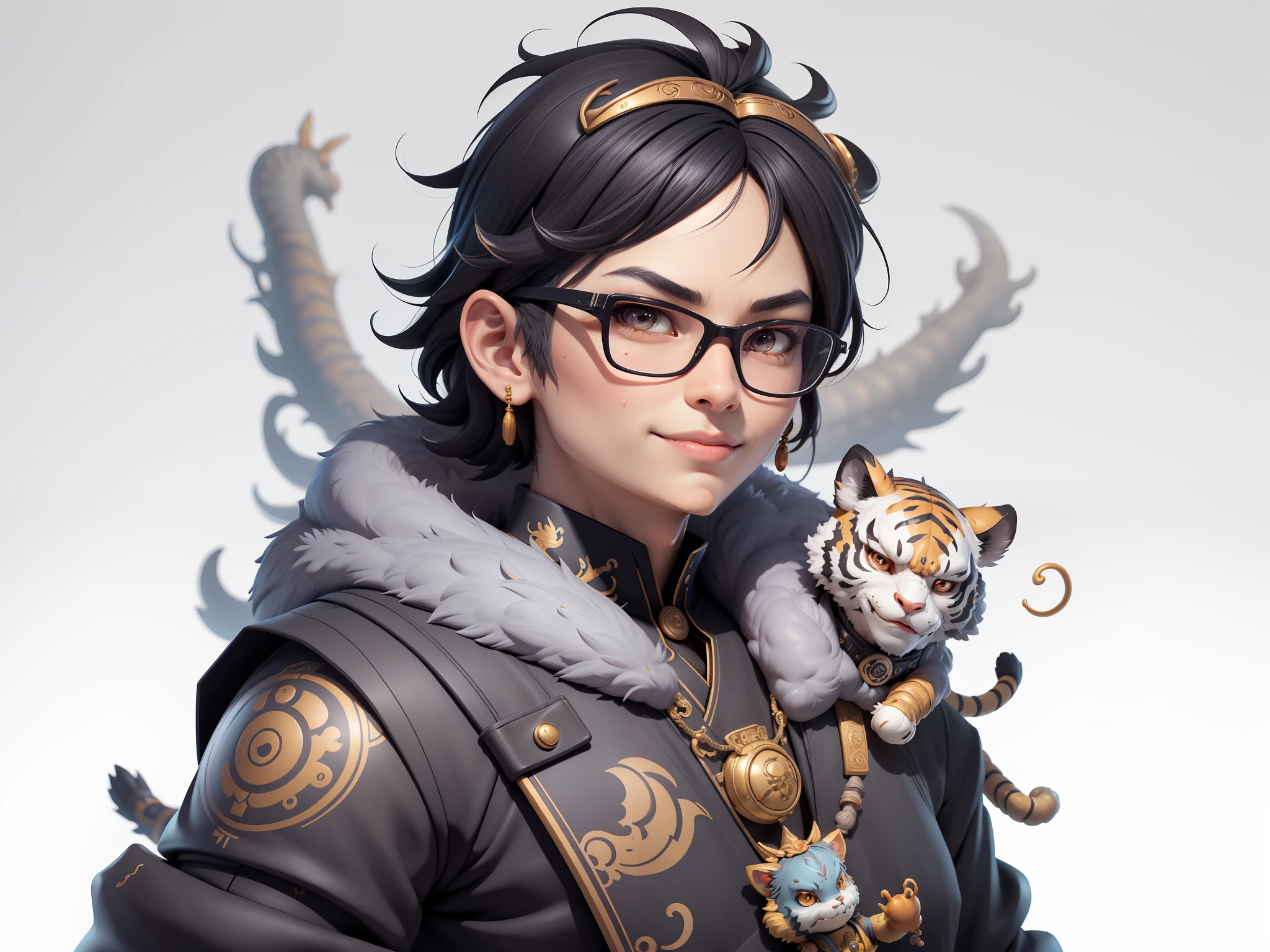 (Masterpiece), (Excellent), (Super Meticulous), (Full Body: 1.2), Super Young Man with Japanese Female Geisha, Pretty, Beautiful, Chinese Dragon, Tiger, Wind God Thor, Sexy, Bursting, Oriental Face, TV Anchor, Bust Portrait Illustration, Black Suit, Blue Tie, Slightly Chubby Face, Silver Glasses, Very Clean Face, No Beard on Chin, Black Super Short Hair, Black Eyes, Confident Smile, 3c Computer Sub-Products, iPad, iPhone, Digital Painting, 3D character design by Mark Clairedon and Pixar and Hayao Miyazaki and Akira Toriyama, the illustrations are HD illustrations in 4K resolution with highly detailed facial features and cartoon-style visuals.