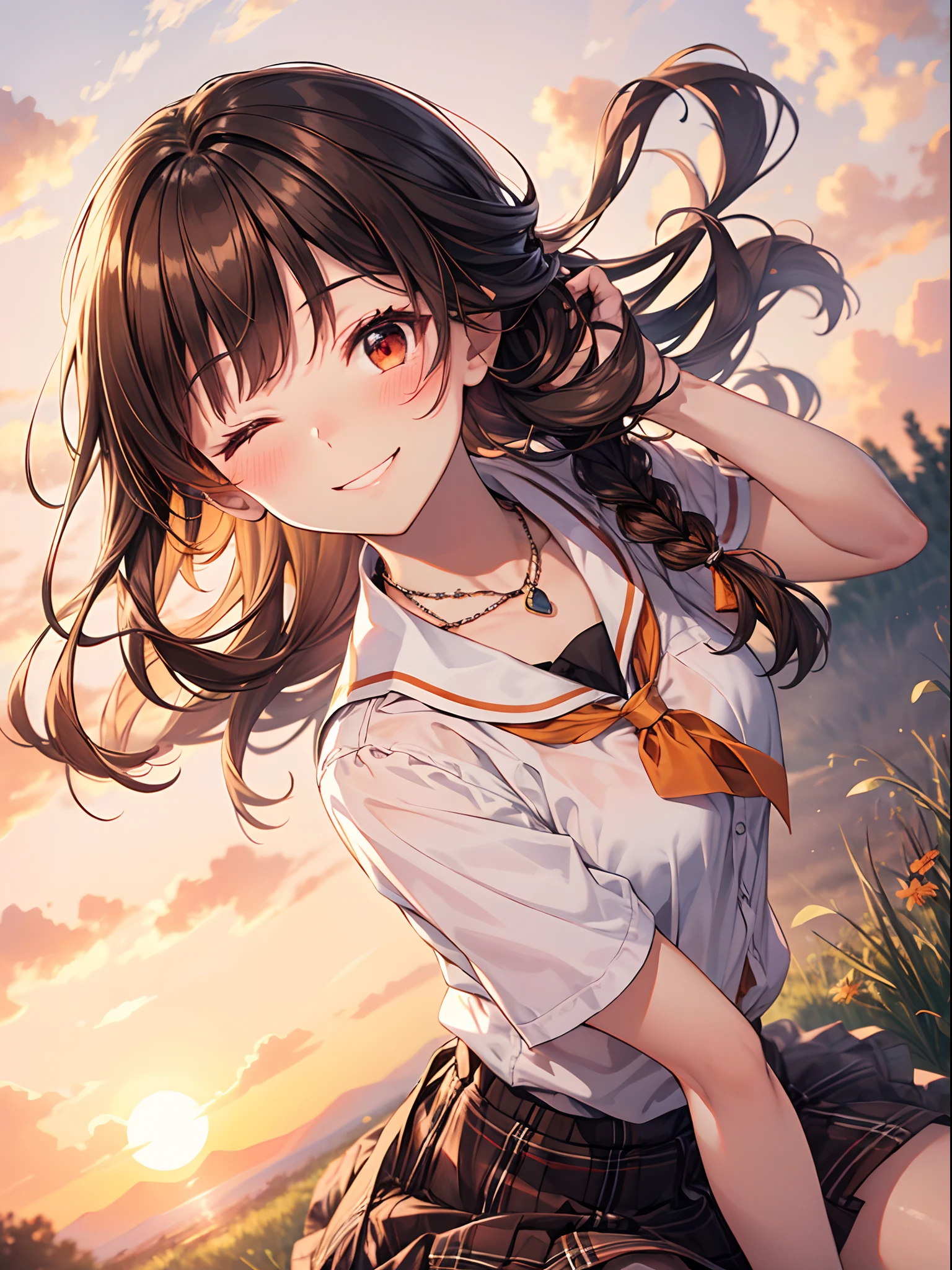 Top Quality, Best Masterpiece, 1 Woman, Solo, 20 Years Old, Low Angle, (One Eye Closed: 1.4), Happy Smile, Close Your Mouth, Brown Single Braid, White School Uniform, Black Socks, Plaid Skirt, Blushing, Red Eye, Evening, Lots of Countryside, Big Sunset, Orange View, Small Necklace,