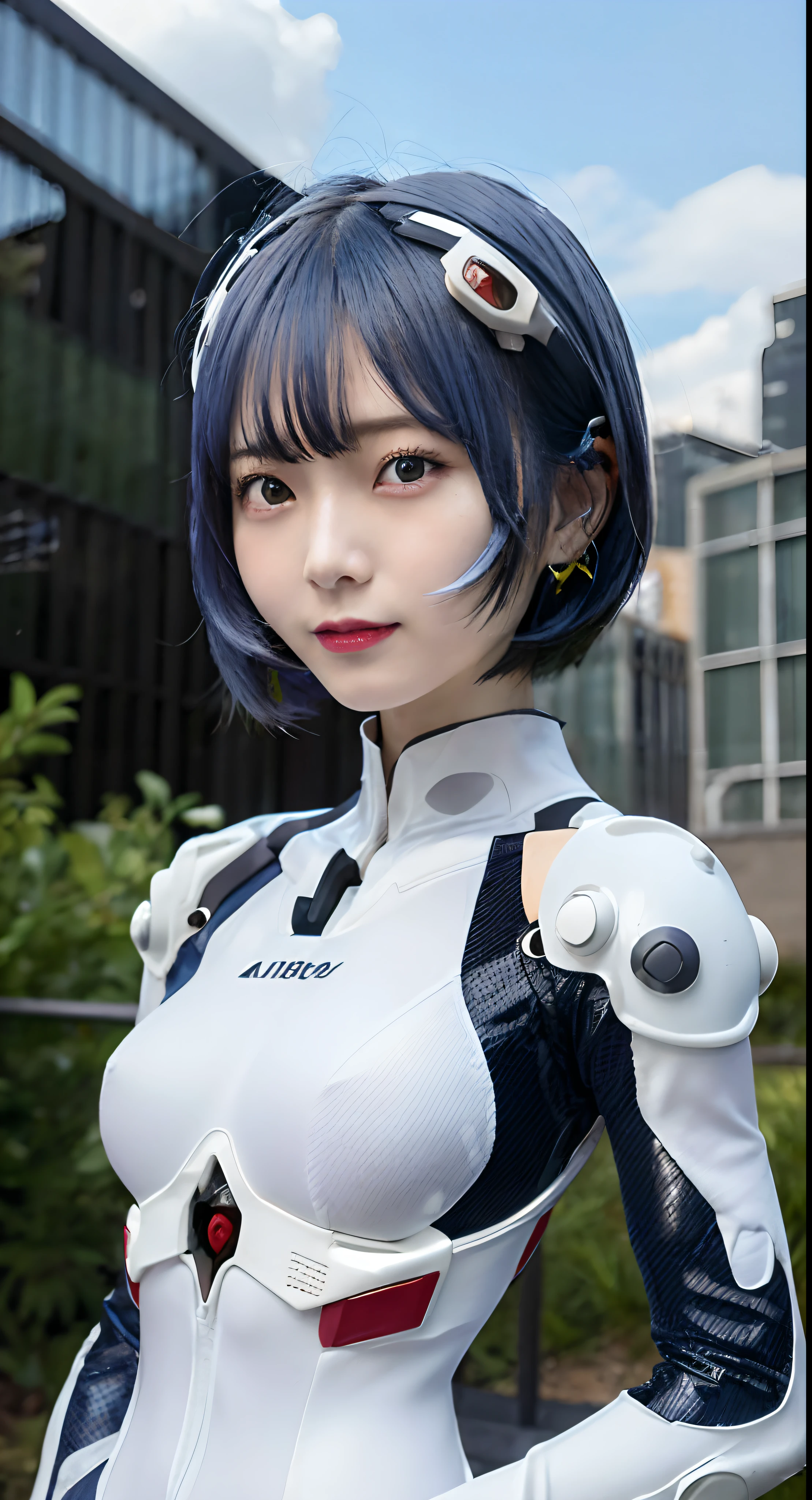 masterpiece, top-quality, 1girl in, Ayanamirei, eva00plugsuit, Viewer's Perspective, Light smile, Urban Park,The upper part of the body, Cyber City,Blue hair