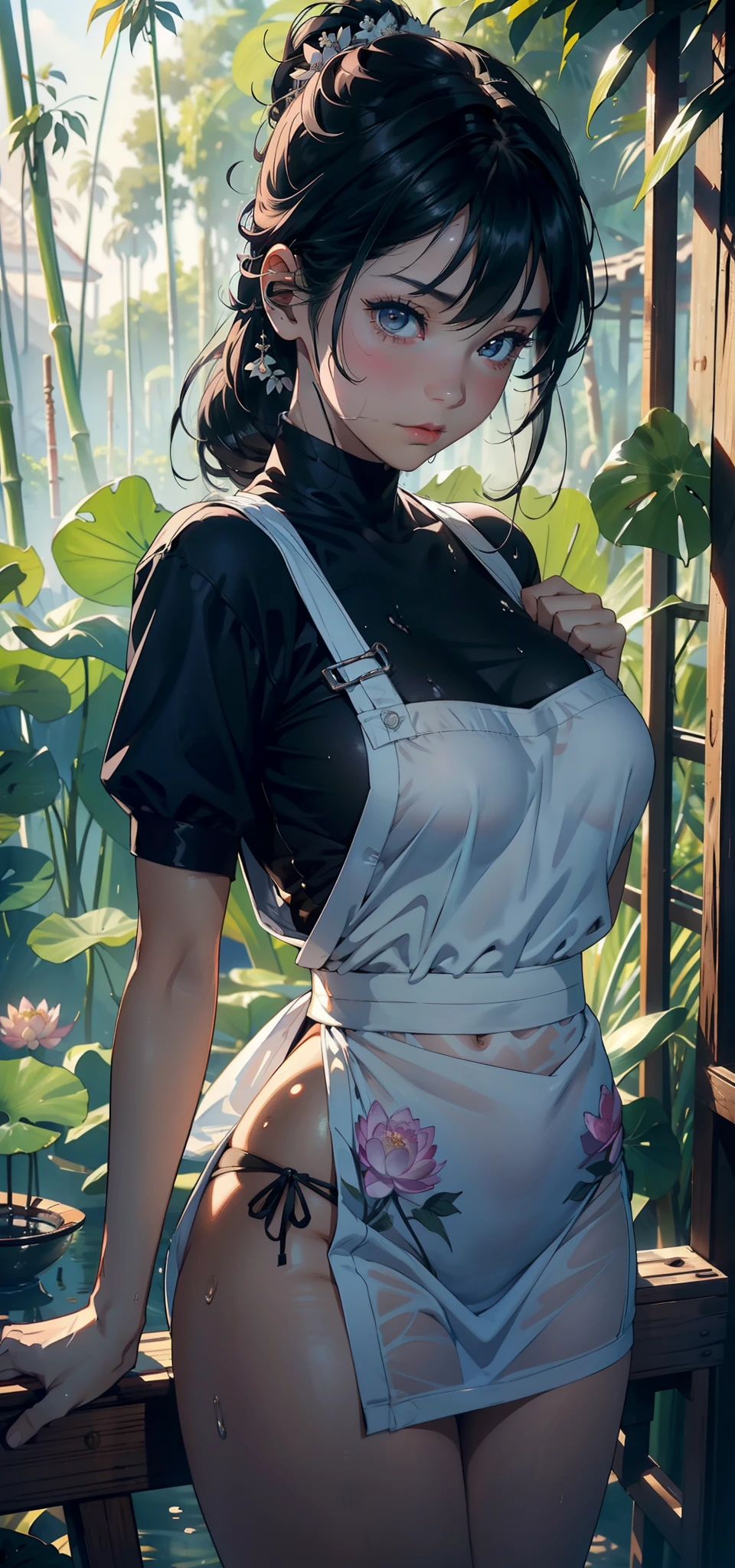 1female, 5,bit girl,,Bigchest ,Pornographic exposure, 独奏,(Background with:bamboo forrest,lotuses,lotus flower,exteriors,) She has short black hair,bobo head,Sweat profusely,drenched all over the body,seen from the front, hair straight, mostly cloudy sky,(((tmasterpiece),(Very detailed CG unity 8K wallpaper),best qualtiy,cinmatic lighting,detailed back ground,beatiful detailed eyes,Bright pupils,Black eyes,(Very fine and beautiful),(Beautiful and detailed eye description),ultra - detailed,tmasterpiece,)),facing at camera,A high resolution,ultra - detailed),,revealing breasts,Bare genitalia, Bulge,legs are open,Raised sexy,Camel toes,Flushed complexion,Open-mouthed,frontage,White floral headband,elearing:Black sexy transparent apron,fullnude,with no underpants,)