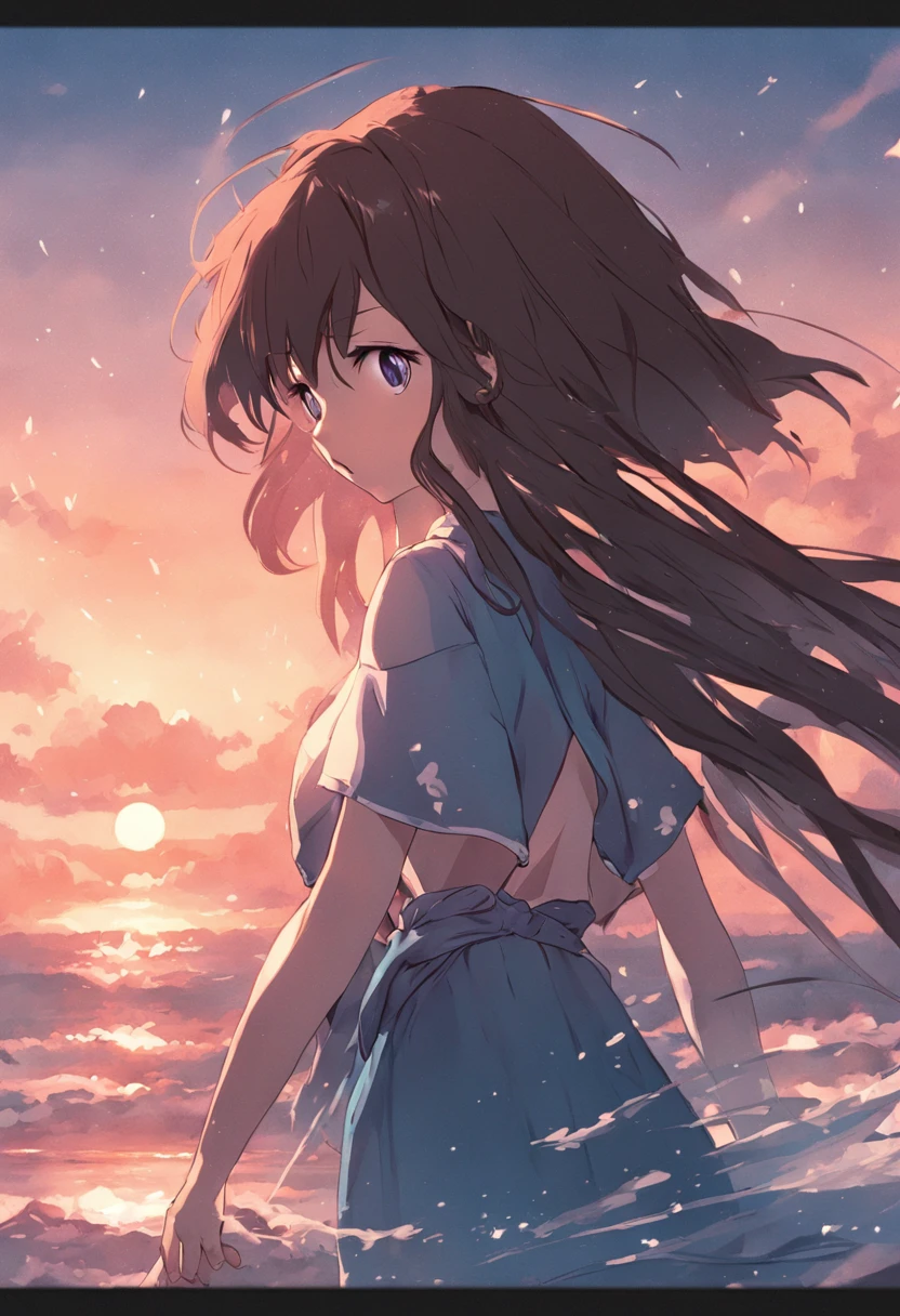 Kizi,long and dark brown hair,pastel blue dress,beachside,Looking