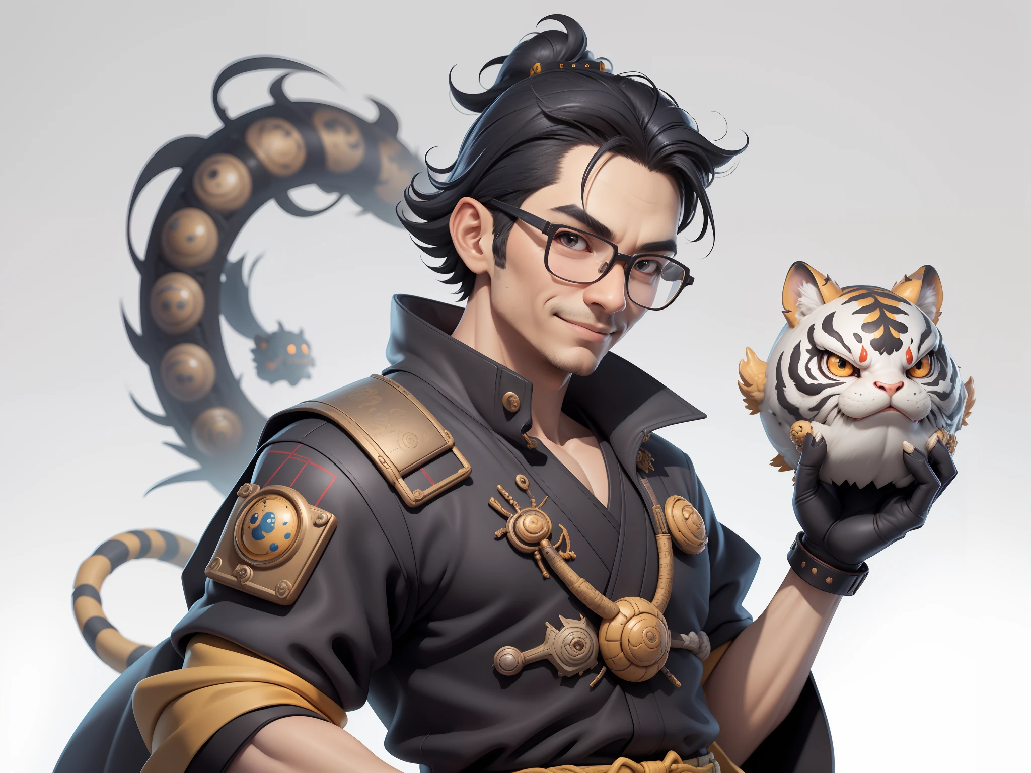(Masterpiece), (Excellent), (Super Meticulous), (Full Body: 1.2), Super Young Man with Japanese Female Geisha, Pretty, Beautiful, Chinese Dragon, Tiger, Wind God Thor, Sexy, Bursting, Oriental Face, TV Anchor, Bust Portrait Illustration, Black Suit, Blue Tie, Slightly Chubby Face, Silver Glasses, Very Clean Face, No Beard on Chin, Black Super Short Hair, Black Eyes, Confident Smile, 3c Computer Sub-Products, iPad, iPhone, Digital Painting, 3D character design by Mark Clairedon and Pixar and Hayao Miyazaki and Akira Toriyama, the illustrations are HD illustrations in 4K resolution with highly detailed facial features and cartoon-style visuals.