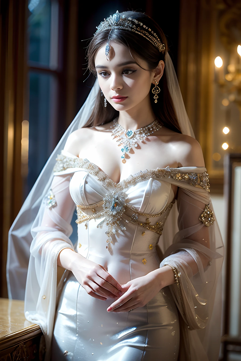 tmasterpiece,Highest high resolution,Dynamic bust of beautiful royal lady,Long white hairstyle,Amber clear eyes,The hair is covered with beautiful and delicate floral craftsmanship, Crystal jewelry filigree,Ultra-detailed details,upscaled。