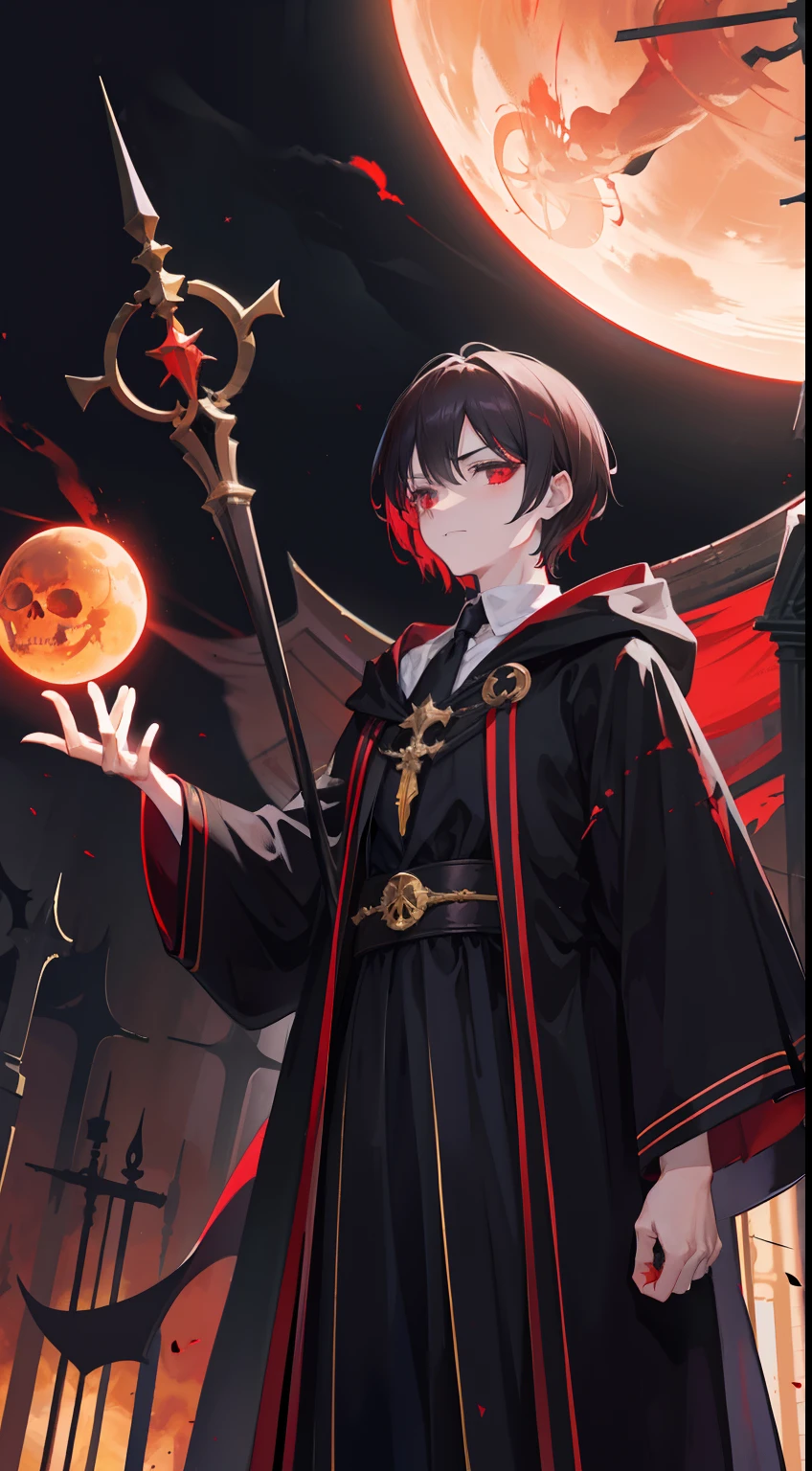 A young man,A maniacal look,red - eyed,brunette color hair,short detailed hair,black toga,hooding,Long staff,skeleton head,suns,eclipse,French formation,altar,Large spells,casting spells,Villain,Black gas,big laughter,frenzied,Law ball,Blood sacrifice,altar,darkly,standing on your feet,dangling,dead body,exteriors,dark wizard