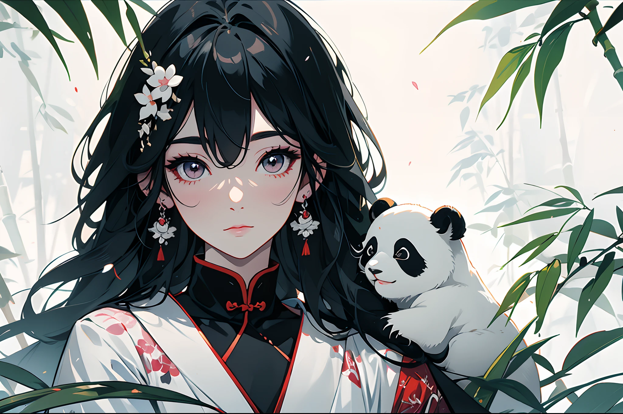 (table top:1.2), highest quality，chinese ink painting，ink painting and watercolor painting，white background，Under the bamboo leaves, (Panda sits on a branch)，（bit girl：1.5，On the shoulder），pink and white clothes，close up of face，big and beautiful eyes，detailed face，fancy clothes，Ethereal pandas，(chinese panda)，dream-like，onmyoji detailed art，Beautiful artwork illustration，mythical creatures，to panda，Beautiful digital artwork