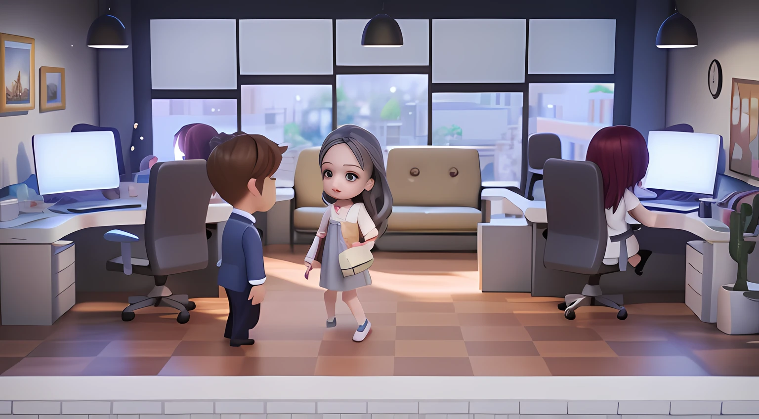 delicated face,The expression is beautiful and cute,.。.。.3D Pixar animation style,tmasterpiece, best qualityer, ultra - detailed, Lori blonde girl, Long dress with a big smile, full bodyesbian, moderno, Modern accessories, ,Office scene,Overtime work,inside in room,ssee-through,A group of white-collar workers sat in their seats,Face away from the camera, Beautiful lighting and ambient light,Pastel tonal background , Extremely colorful, 。.。.。.。.3D Q style,tchibi,A cinematic scene,Super details romantic soft focus and ethereal light,The sun shines on it,A cinematic scene,Full body 2D artwork,blur backgroun,romantic soft focus and ethereal light,The sun shines on it,A cinematic scene,super detailing,pix: 2 style,Pope Martin,movie light effect,brightly,OC renderer,C4D,。.。.。.。.3D,blender,8K,4K,Warm colors --NIJI 5 -- --q 2,