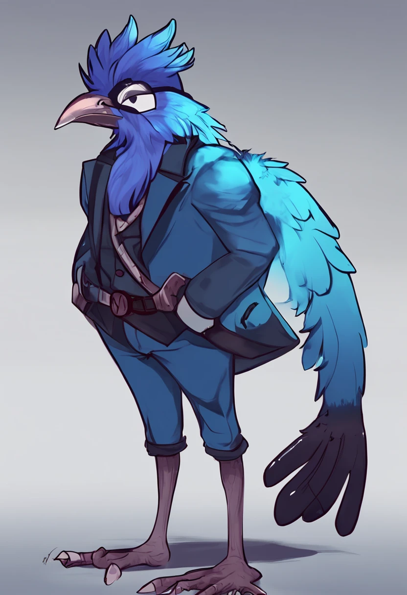 Berdly from Deltarune, professional art made by twistedscarlett60, 1boy, solo, male, avian, bird, avian tail, bird tail, blue body, blue feathers, feathery, blue skin, fully blue skin, completely blue skin, fully blue body, artist:twistedscarlett60, glasses, thick thighs, ass, oversized ass, thick asscheeks, library, school library, pants, tight pants, yoga pants, white shirt
