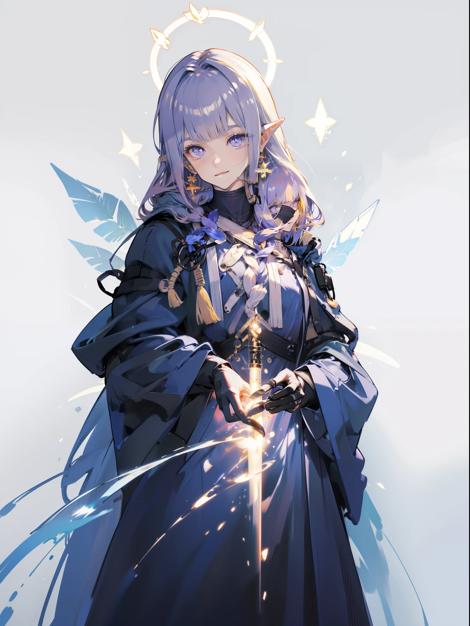 Mysterious trees, Luminous flowers, Flying particles of light, Young man in a cloak, holding wands, The moment the spell is released, Energy intertwined, radiating with light, Halo, Purple hair, Purple eyes, Pointy ears, Evil smile, High detail, Chiaroscuro, hyper HD, High details, 1080p, ccurate, Anatomically correct