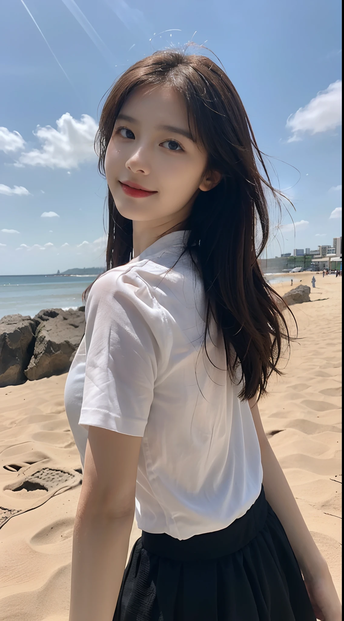 1 Girl,beach,Soft Light,Chinese Beauty,dress without sleeve,Dark-haired,Length of hair