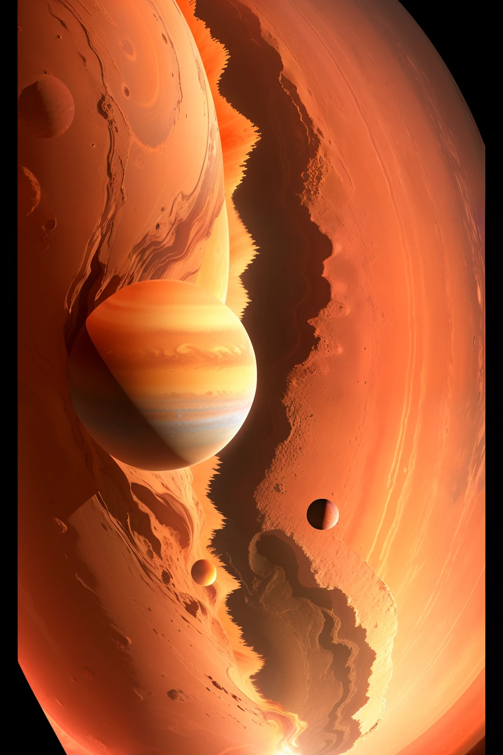 arafed view of a planet with a large disk in the middle, orange gas giant, orange planet, planet surface, planetary landscape, planets colliding, big disc of planet, planet landscape, space fractal gradient, orbiting a gas giant planet, planet with rings, the planet is warm with canyons, alien surface planet, large planet in the background