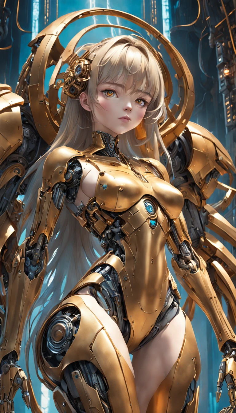 Beautiful girl robot with rich decoration of metal corp, sf, intricate artwork masterpiece, ominous, matte painting movie poster, golden ratio, trending on cgsociety, intricate, epic, trending on artstation, by artgerm, h. r. giger and beksinski, highly detailed, vibrant, production cinematic character render, ultra high quality model