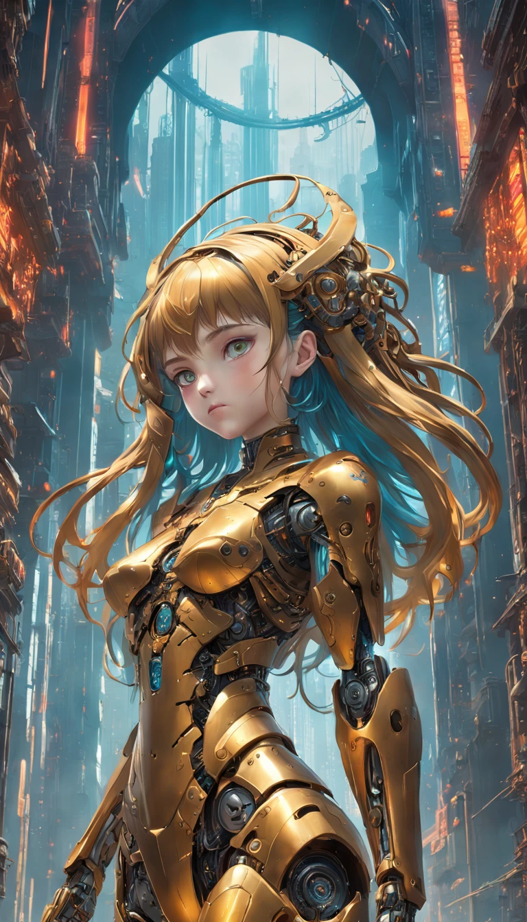 Beautiful girl robot with rich decoration of metal corp, sf, intricate artwork masterpiece, ominous, matte painting movie poster, golden ratio, trending on cgsociety, intricate, epic, trending on artstation, by artgerm, h. r. giger and beksinski, highly detailed, vibrant, production cinematic character render, ultra high quality model