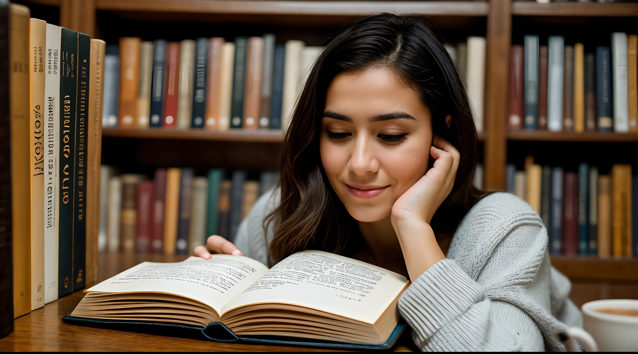instagram photo, closeup face photo A captivating scene capturing a woman engrossed in a book, surrounded by a collection of vintage literary classics, contemplative, immersive, Canon EOS 5D Mark IV with 50mm f/1.8 lens, warm indoor lighting, storytelling photography.