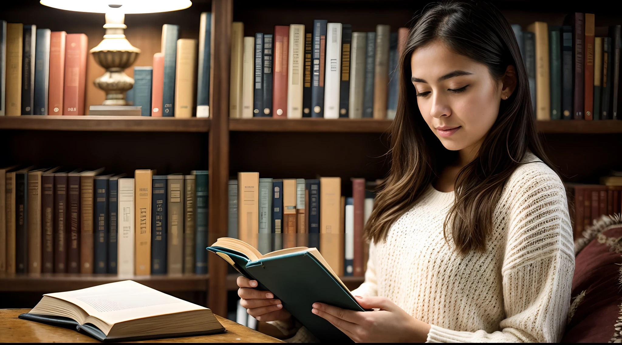 instagram photo, closeup face photo A captivating scene capturing a woman engrossed in a book, surrounded by a collection of vintage literary classics, contemplative, immersive, Canon EOS 5D Mark IV with 50mm f/1.8 lens, warm indoor lighting, storytelling photography.