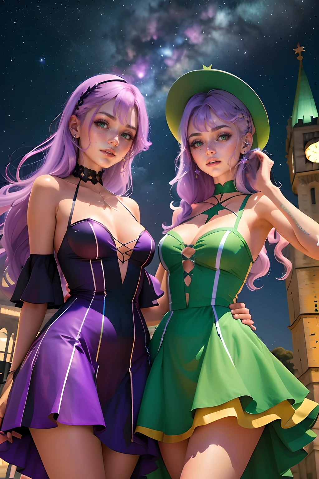 melhor qualidade, realista. 2 garotas de costas uma para a outra, a girl has lilac hair/roxo. A outra garota tem cabelos verdes/verde. They are in front of a tower, night and starry sky