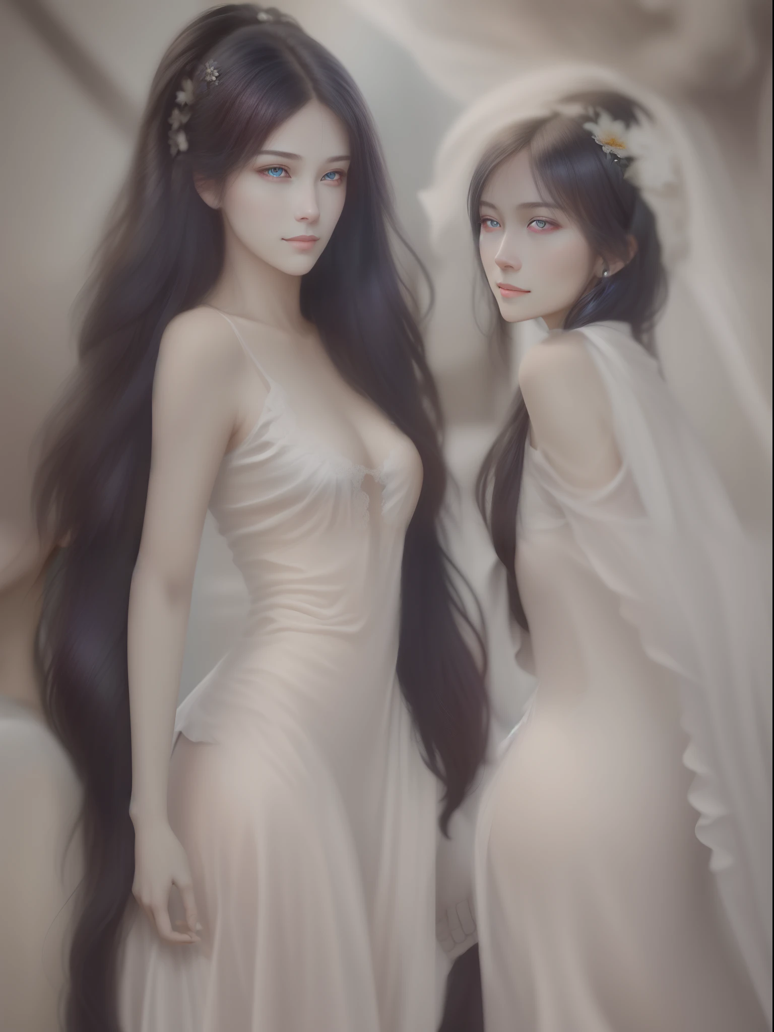 Two-headed beauty,black color hair,blue color eyes,One head blushed and shy,Another smile,whitesweater,Crop topping,Conjoined sister flower,best qualityer,超高分辨率,highly detailed,finely detailled,beautifuldetails,8K分辨率,8K