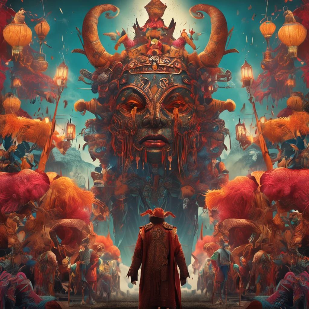 Man in a mask,The costumes of ancient peoples,The carnival of countless people,cultivating immortals,water ink,High hills,self-assured,Fairy wind road bone,Blood flow in the background