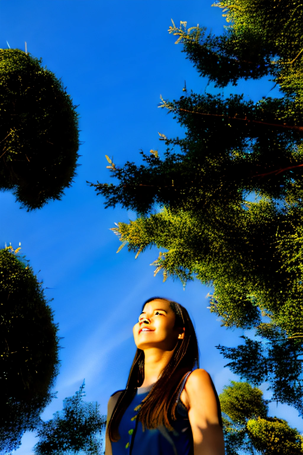 A girl stands next to a banyan tree looking up at the sky