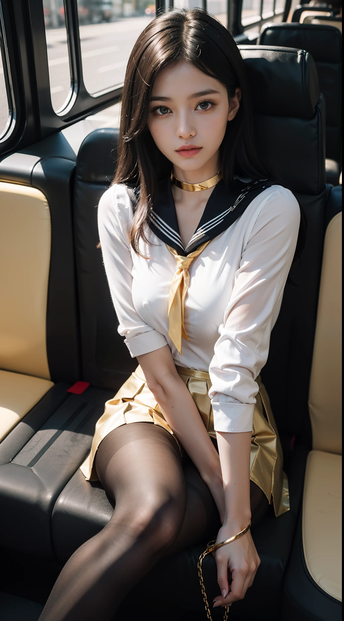 (full bodyesbian:1.5),((Girl):1.4),(view the viewer:1.4),(anatomy correct:1.3),(sitting on a bus:1.2),(Brown and tan sailor set,Checkered high-rise pleated skirt :1.2),((Black pantyhose):1.32),( Girls pointed-toe thick heels :1.1),((Gold ankle shackles):1.3),(Accurate and perfect face:1.3),hyper HD, Ray traching, reflective light, structurally correct, Award-Awarded, High detail, Fade in and out shadow contrast, Face lighting ,Cinematic lighting, Masterpiece, super detailing, High quality, High detail, Best quality, 16k,High contrast,